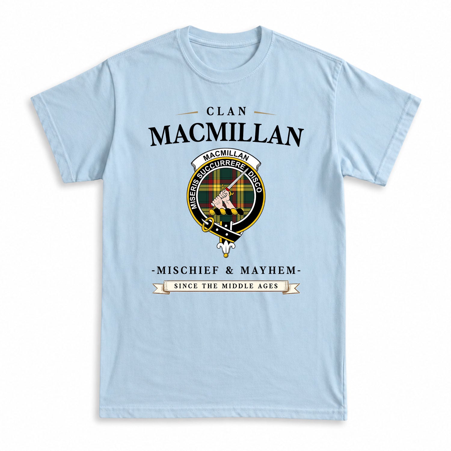 MacMillan Old Modern Tartan Crest Mischief and Mayhem T-shirt