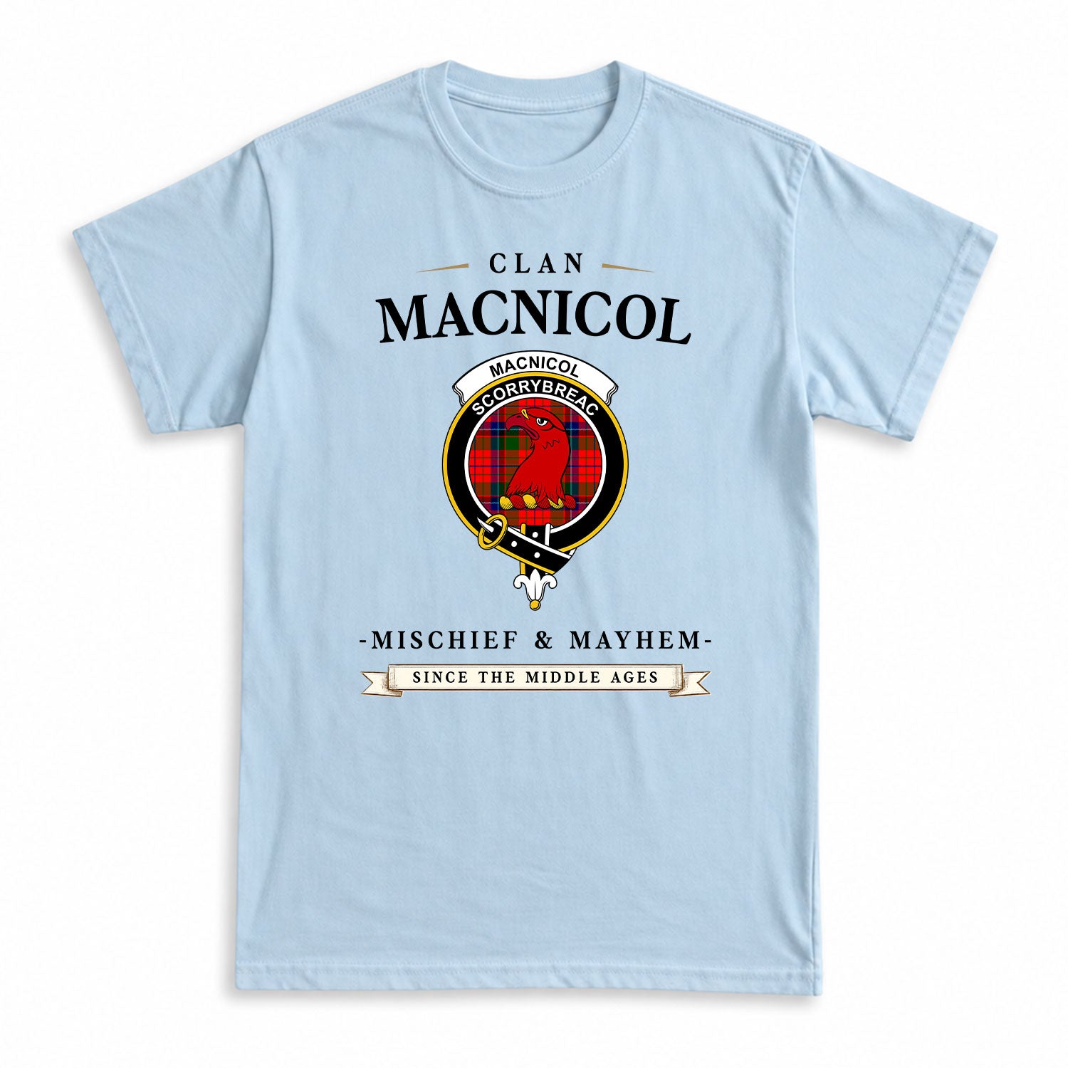MacNicol (of Scorrybreac) Tartan Crest Mischief and Mayhem T-shirt