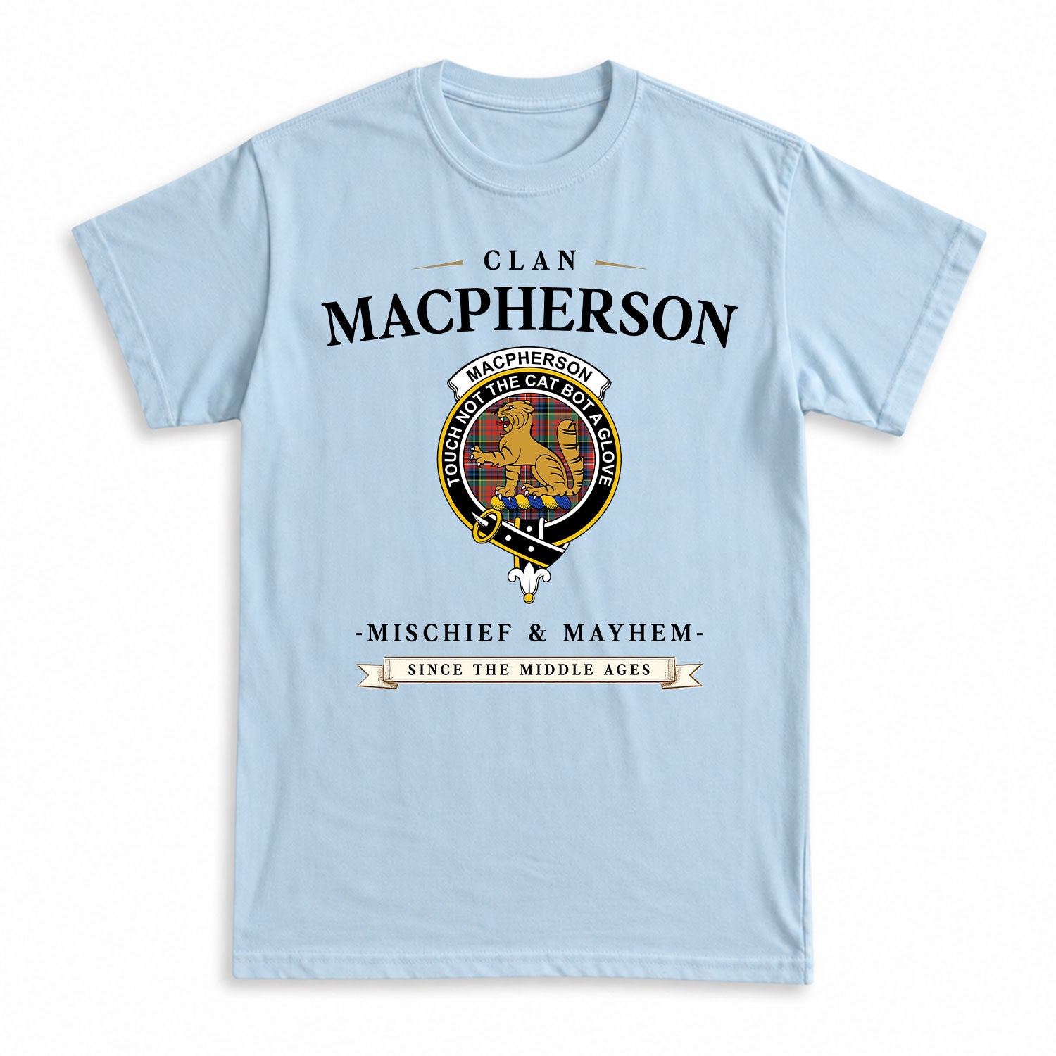 MacPherson Ancient Tartan Crest Mischief and Mayhem T-shirt