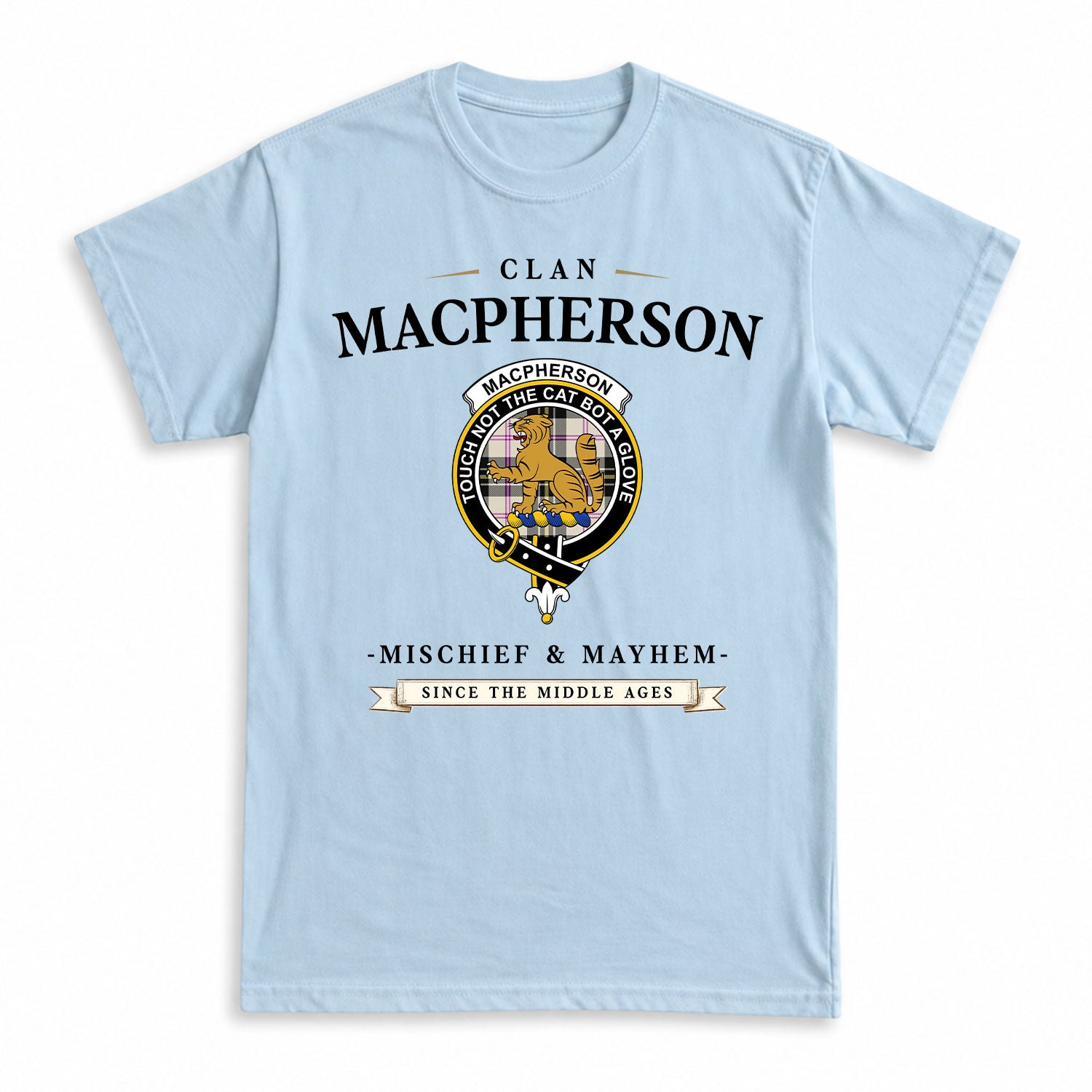 MacPherson Dress Ancient Tartan Crest Mischief and Mayhem T-shirt