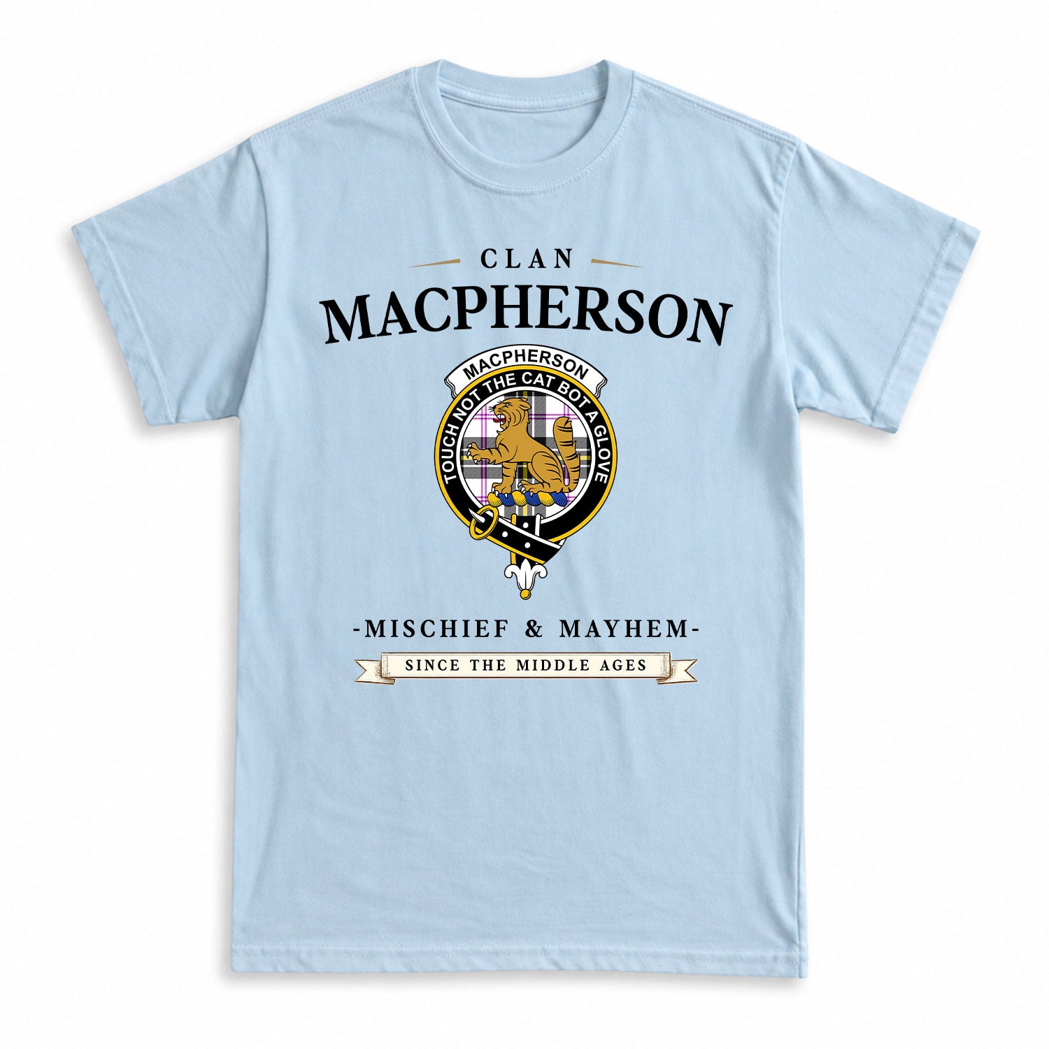 MacPherson Dress Modern Tartan Crest Mischief and Mayhem T-shirt