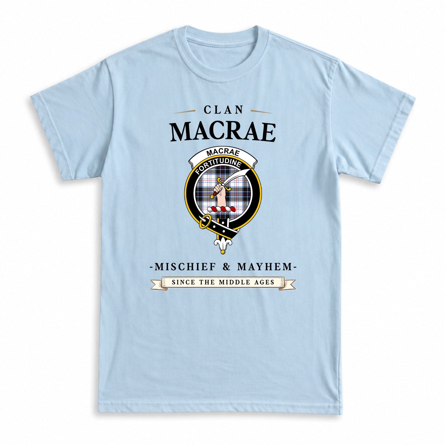 MacRae Dress Modern Tartan Crest Mischief and Mayhem T-shirt
