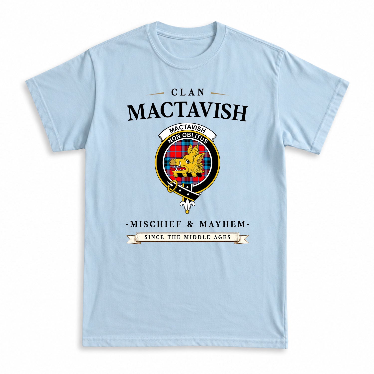 MacTavish Modern Tartan Crest Mischief and Mayhem T-shirt