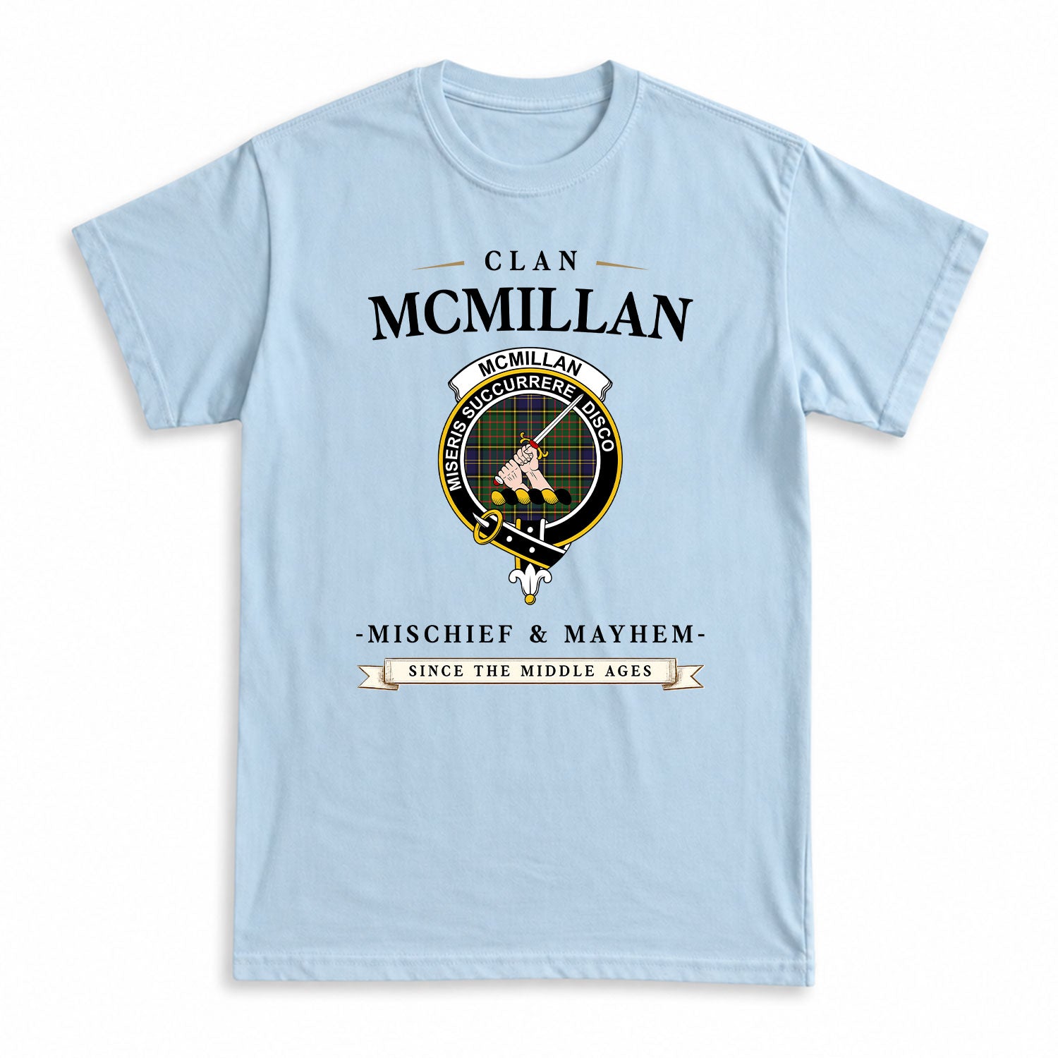 McMillan Hunting Modern Tartan Crest Mischief and Mayhem T-shirt