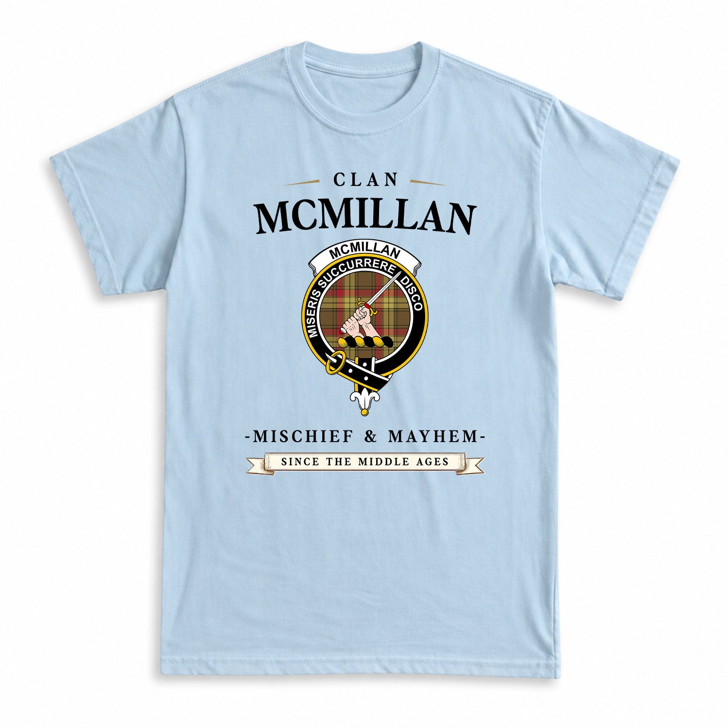 McMillan Old Weathered Tartan Crest Mischief and Mayhem T-shirt