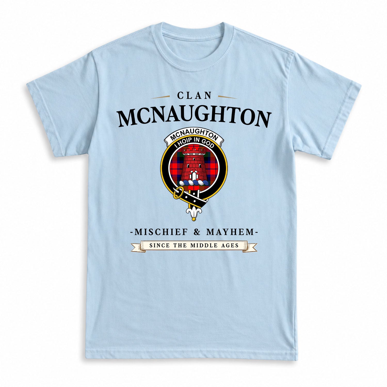McNaughton Modern Tartan Crest Mischief and Mayhem T-shirt