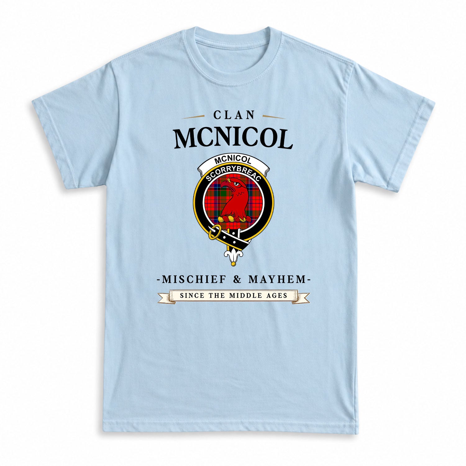McNicol (of Scorrybreac) Tartan Crest Mischief and Mayhem T-shirt