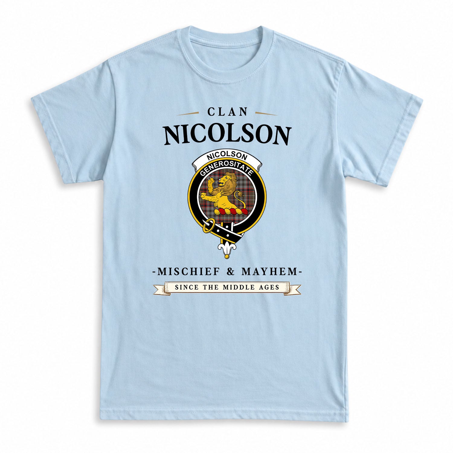 Nicolson Hunting Weathered Tartan Crest Mischief and Mayhem T-shirt