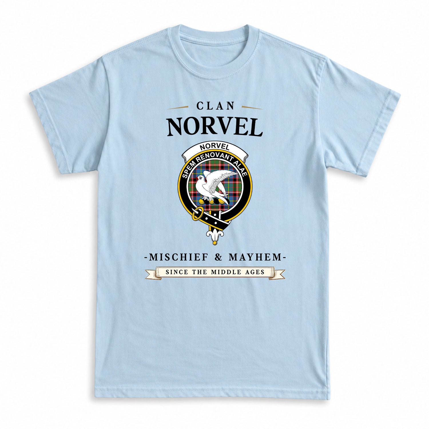 Norvel (or Norvill) Tartan Crest Mischief and Mayhem T-shirt