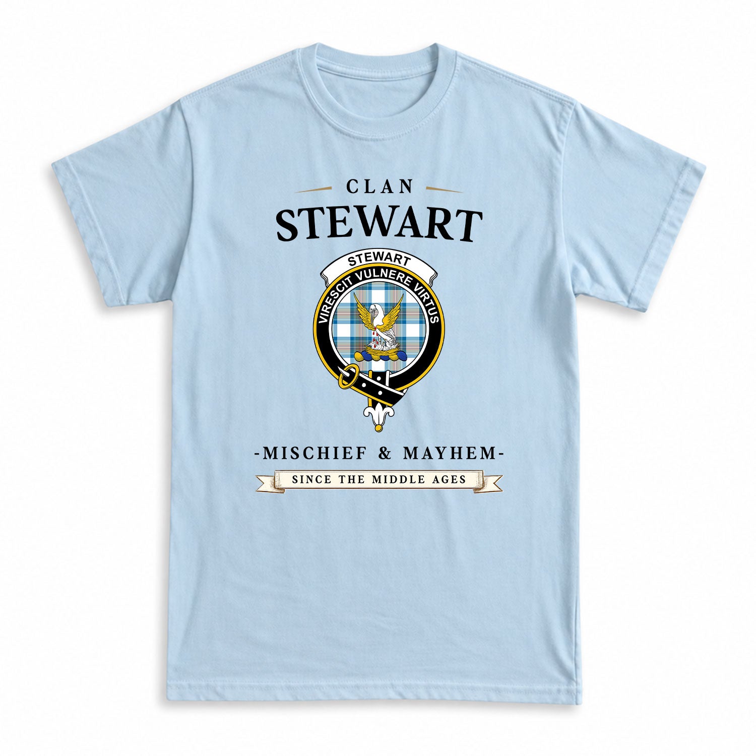 Stewart Muted Blue Tartan Crest Mischief and Mayhem T-shirt