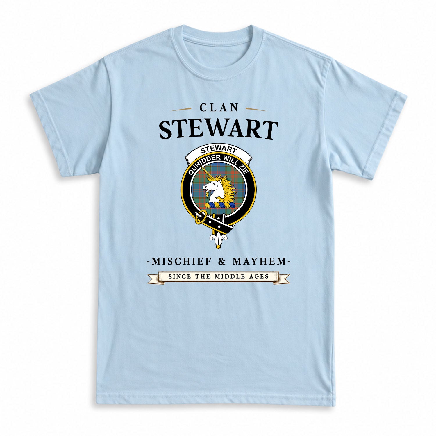 Stewart of Appin Hunting Ancient Tartan Crest Mischief and Mayhem T-shirt