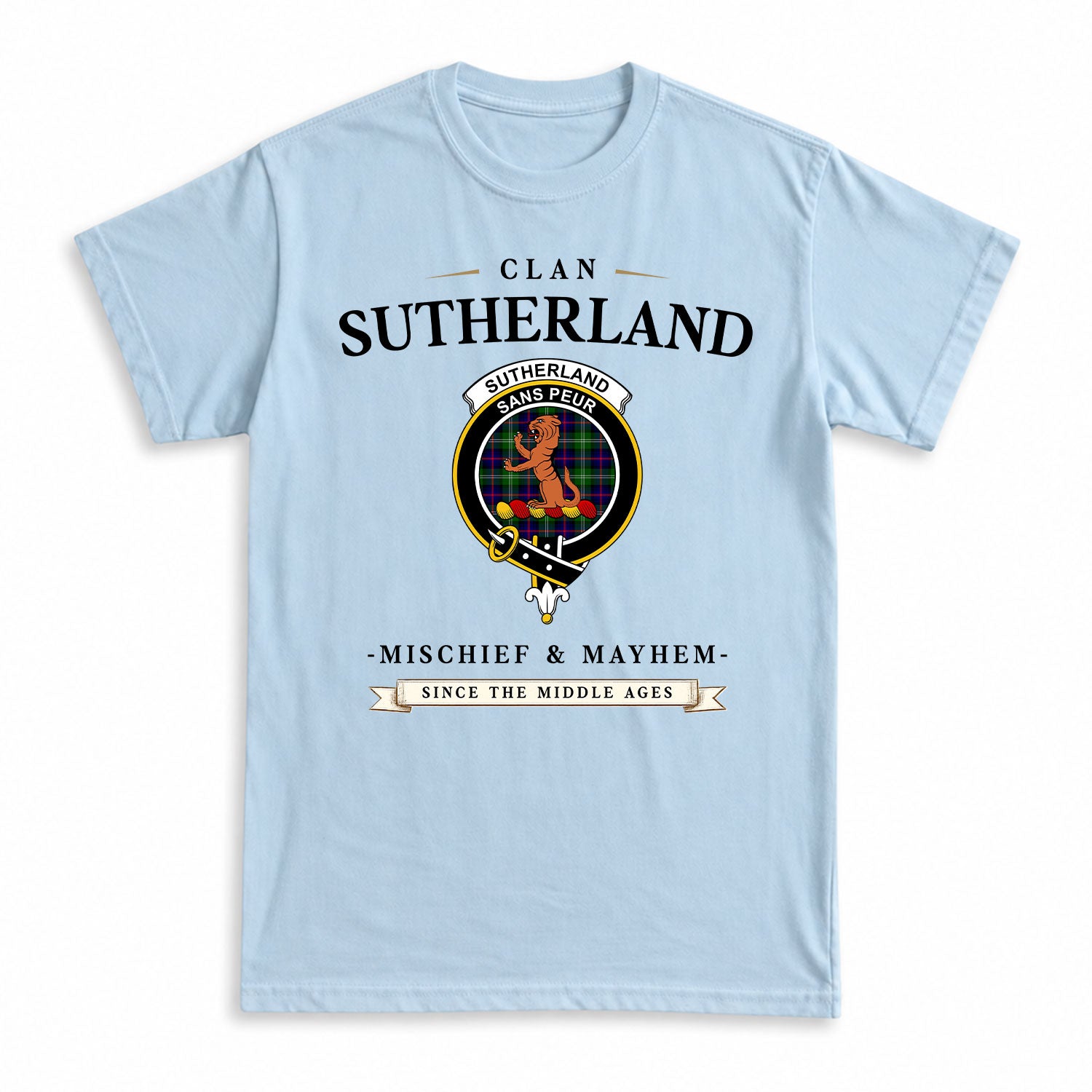 Sutherland Modern Tartan Crest Mischief and Mayhem T-shirt