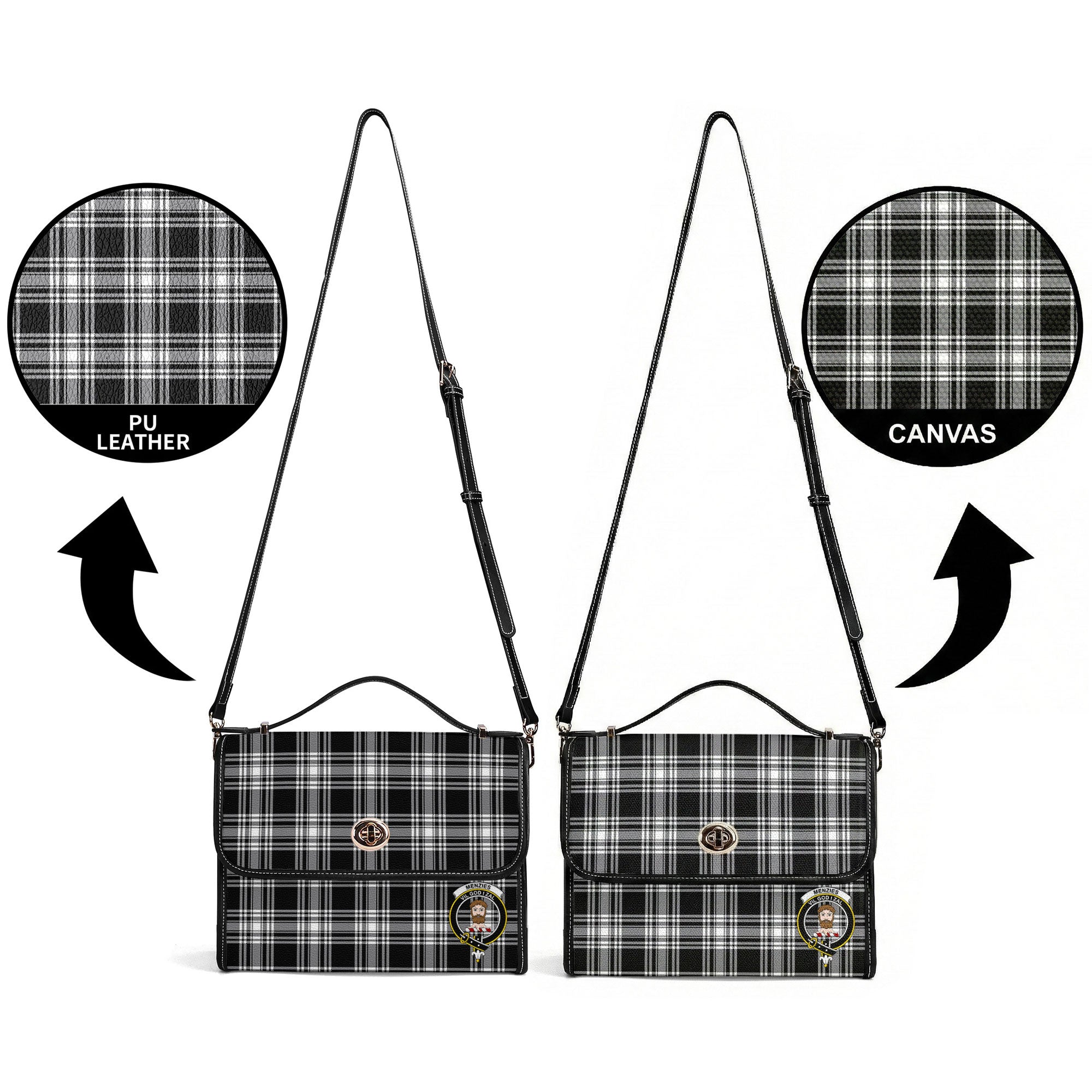 Menzies Black - White Modern Tartan Crest Satchel Bag