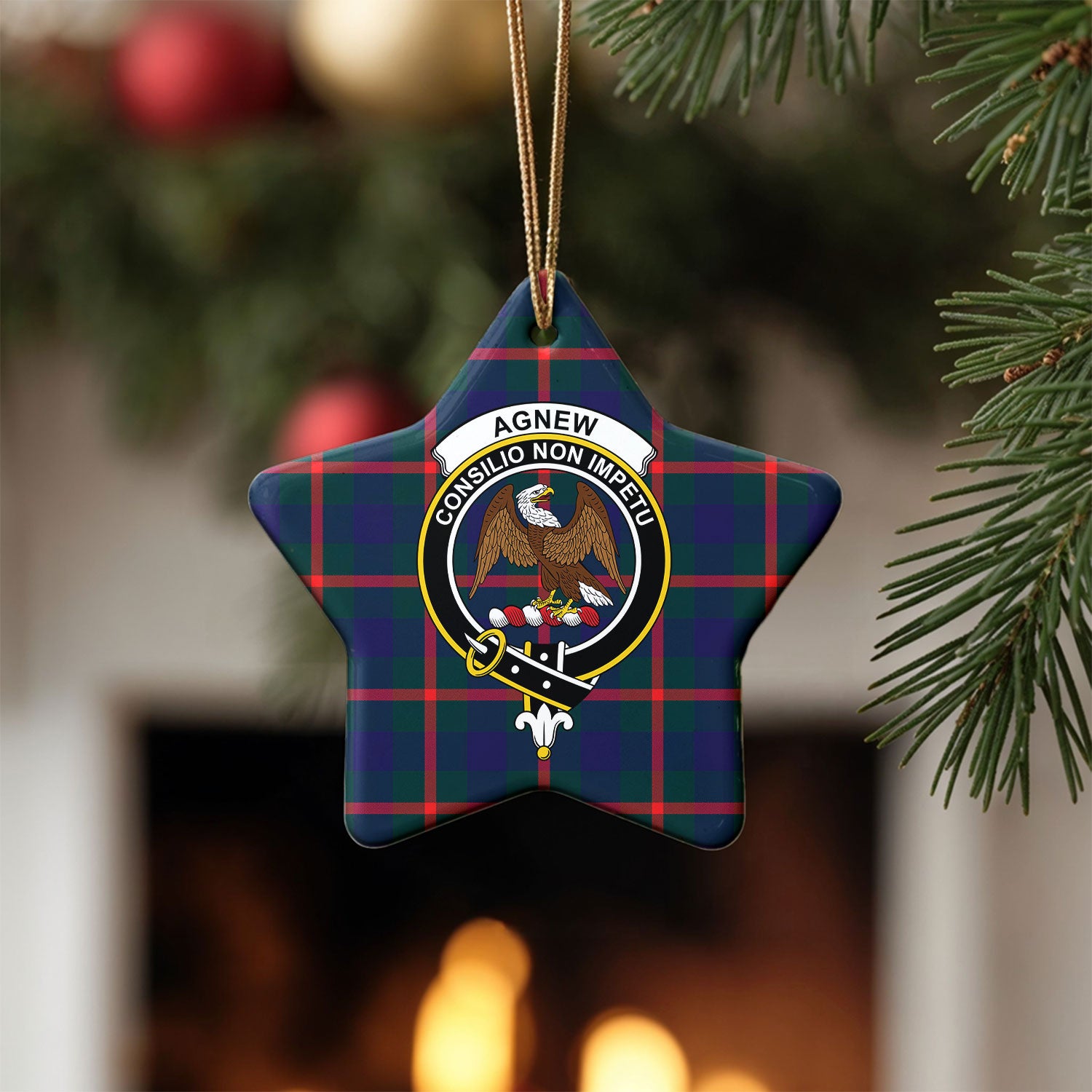 Agnew Modern Tartan Crest Christmas Ceramic Ornament