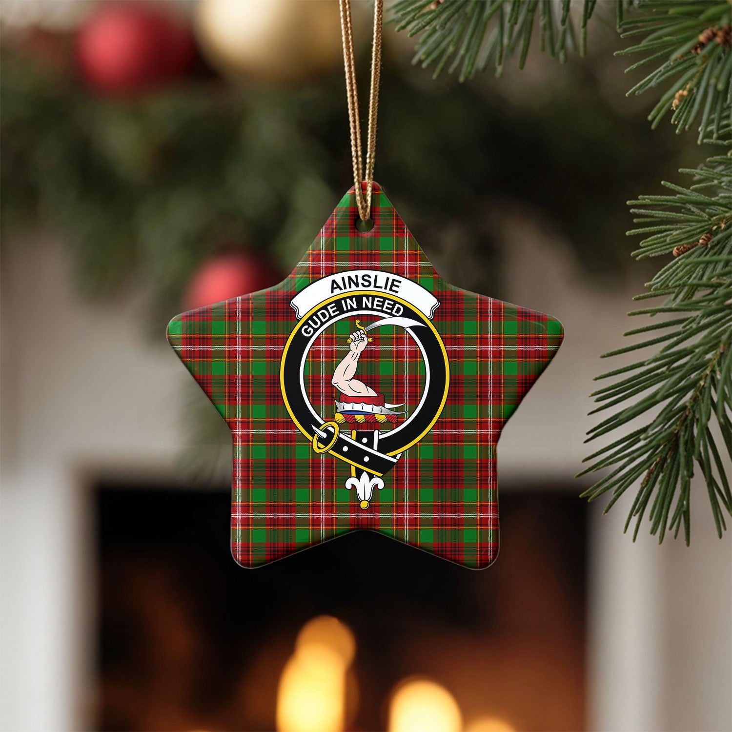 Ainslie Tartan Crest Christmas Ceramic Ornament