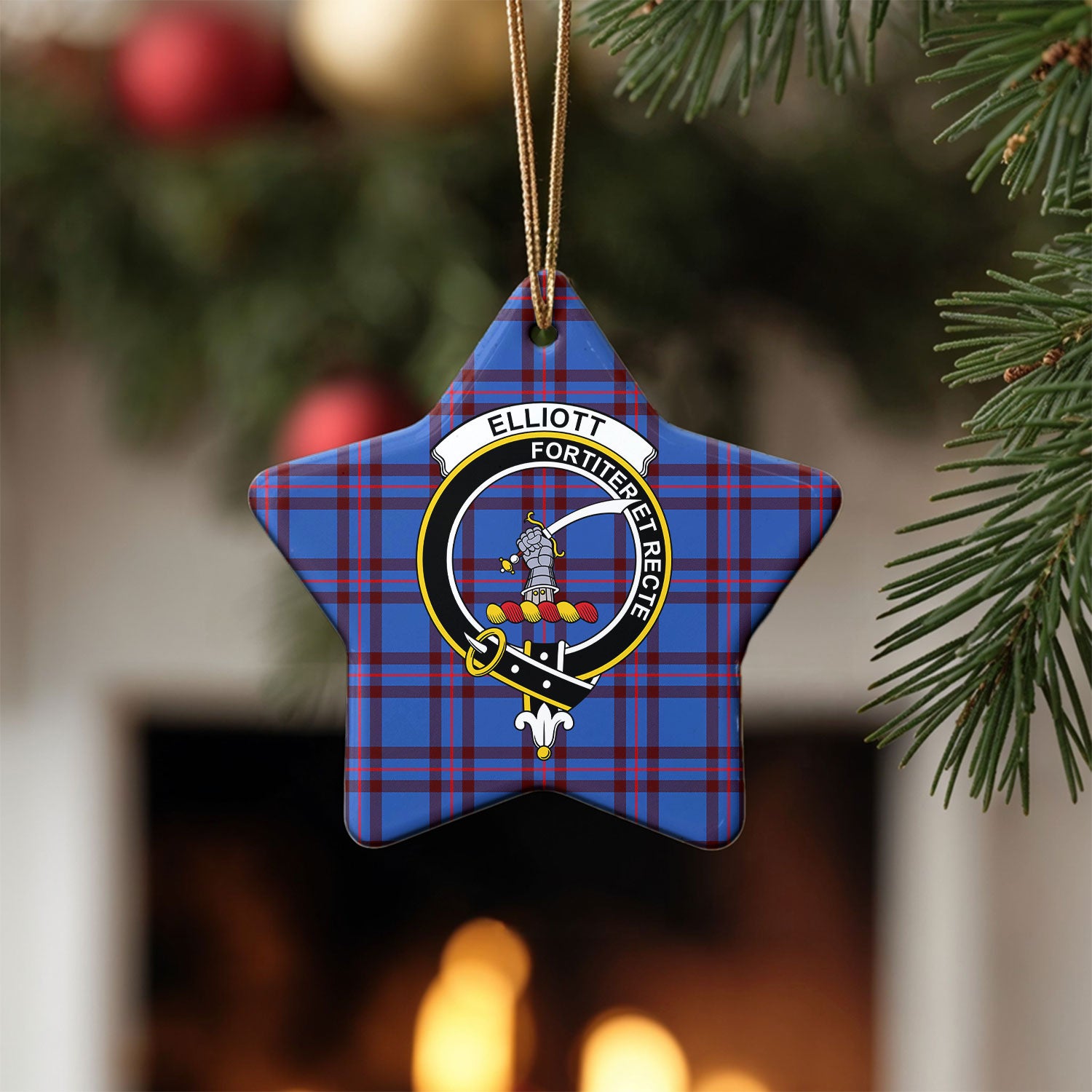 Elliott Modern Tartan Crest Christmas Ceramic Ornament