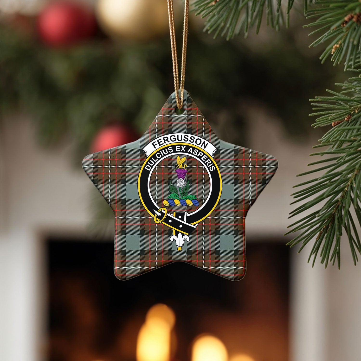 Fergusson Weathered Tartan Crest Christmas Ceramic Ornament