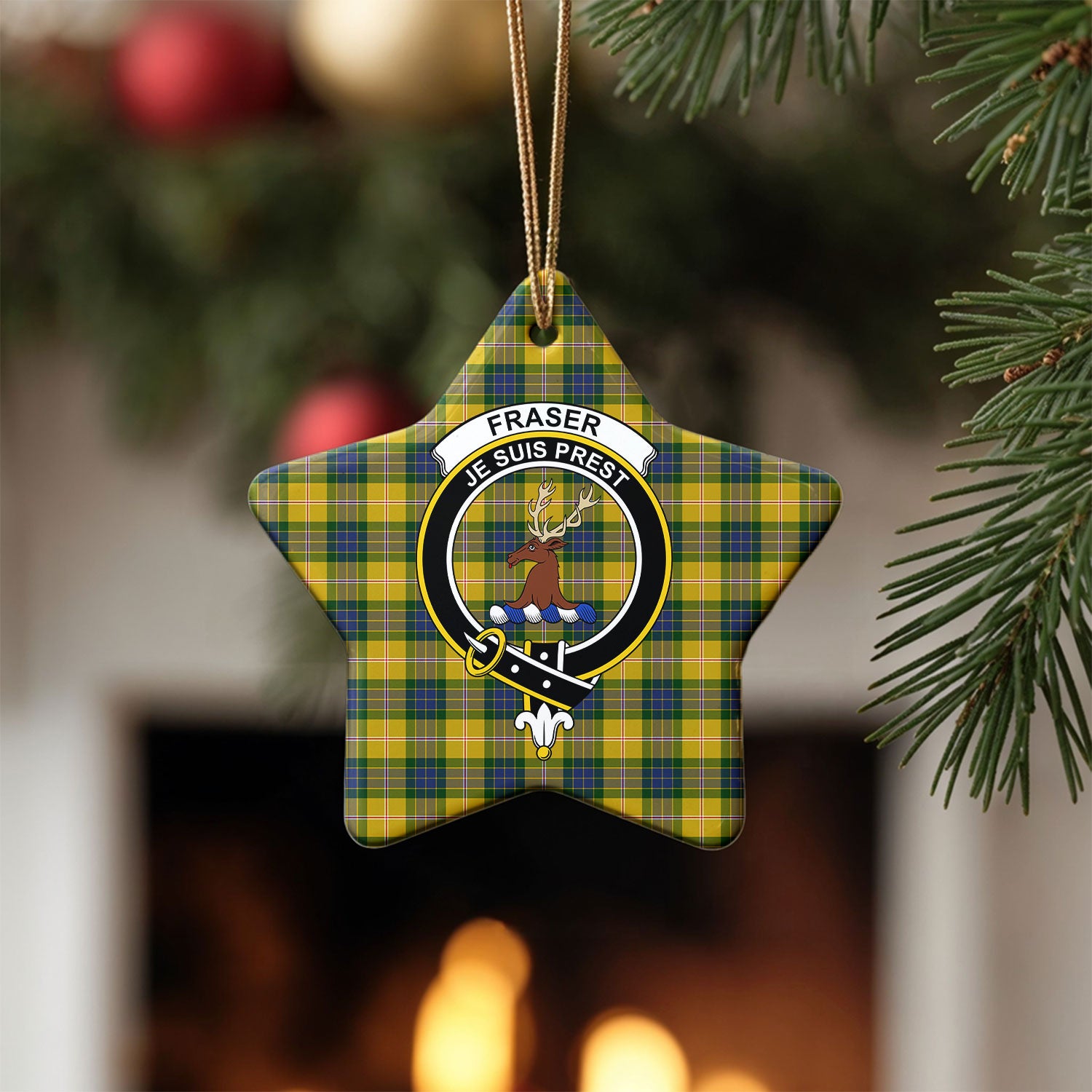 Fraser (of Lovat) Yellow Tartan Crest Christmas Ceramic Ornament