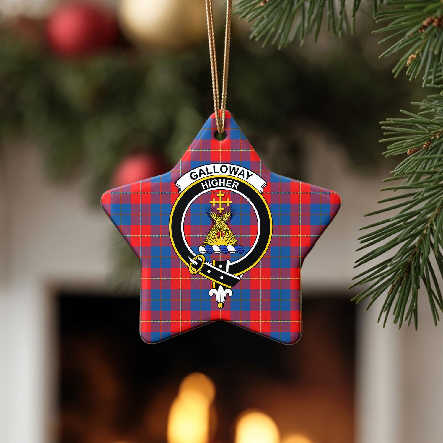 Galloway Red Tartan Crest Christmas Ceramic Ornament
