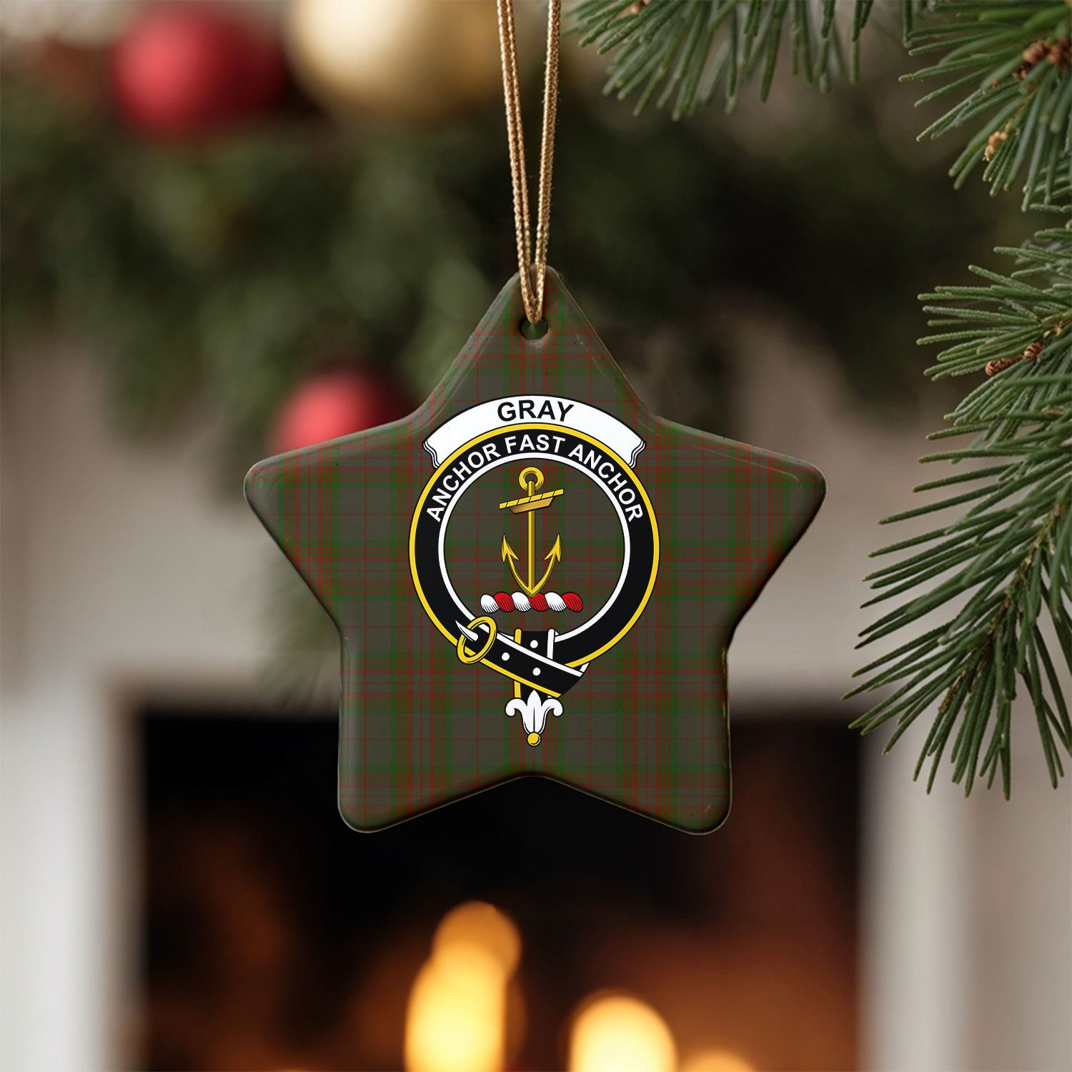 Gray Tartan Crest Christmas Ceramic Ornament