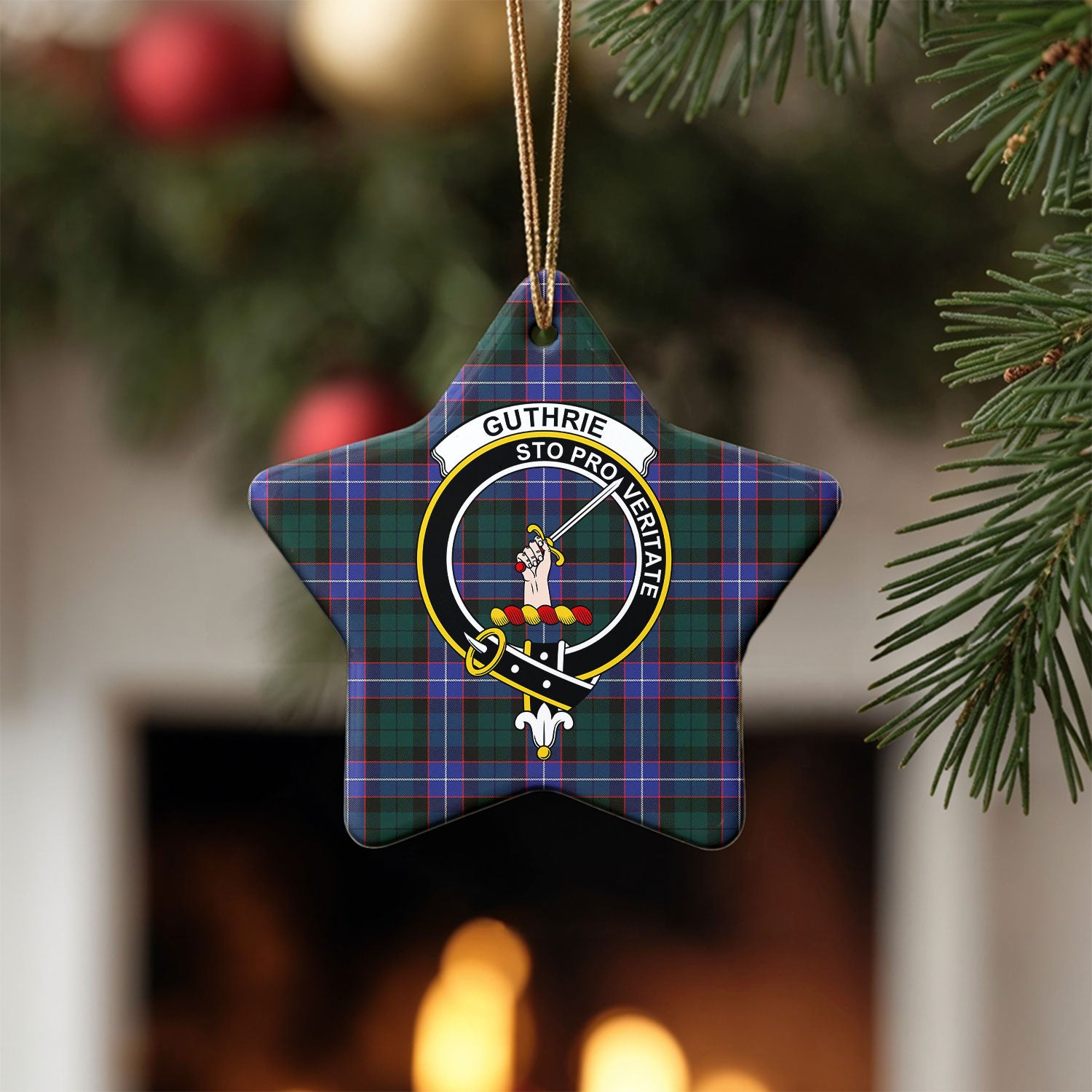 Guthrie Modern Tartan Crest Christmas Ceramic Ornament