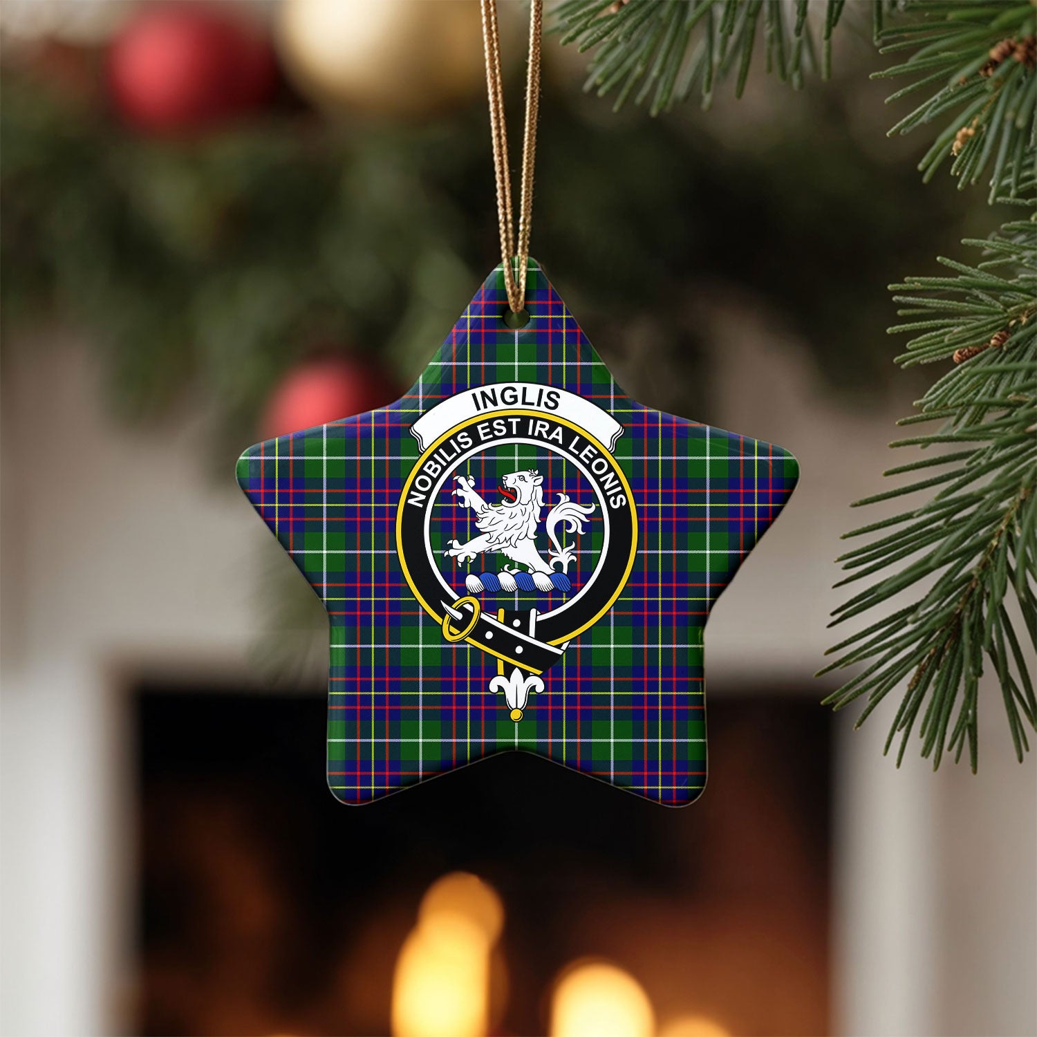 Inglis Modern Tartan Crest Christmas Ceramic Ornament