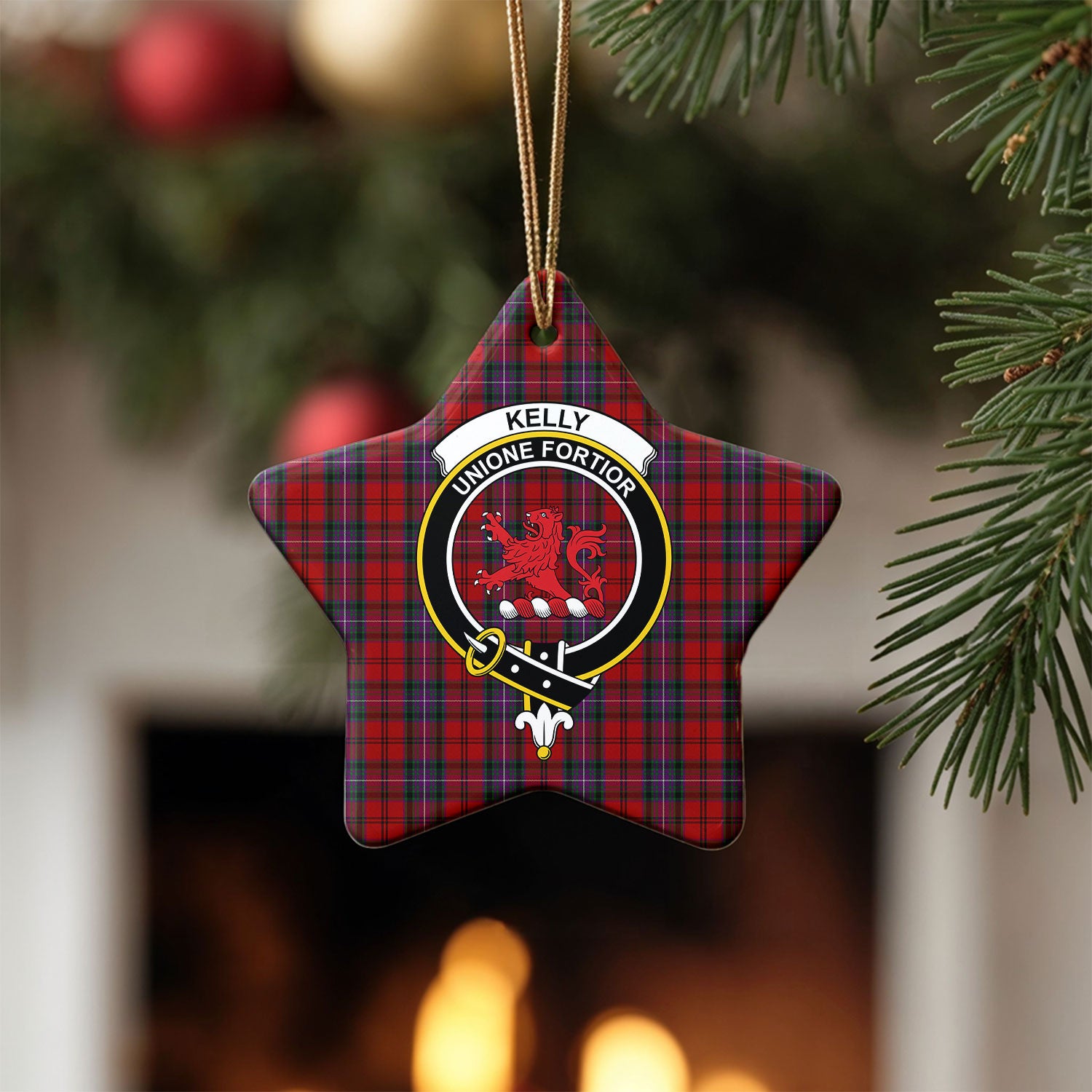 Kelly of Sleat Red Tartan Crest Christmas Ceramic Ornament
