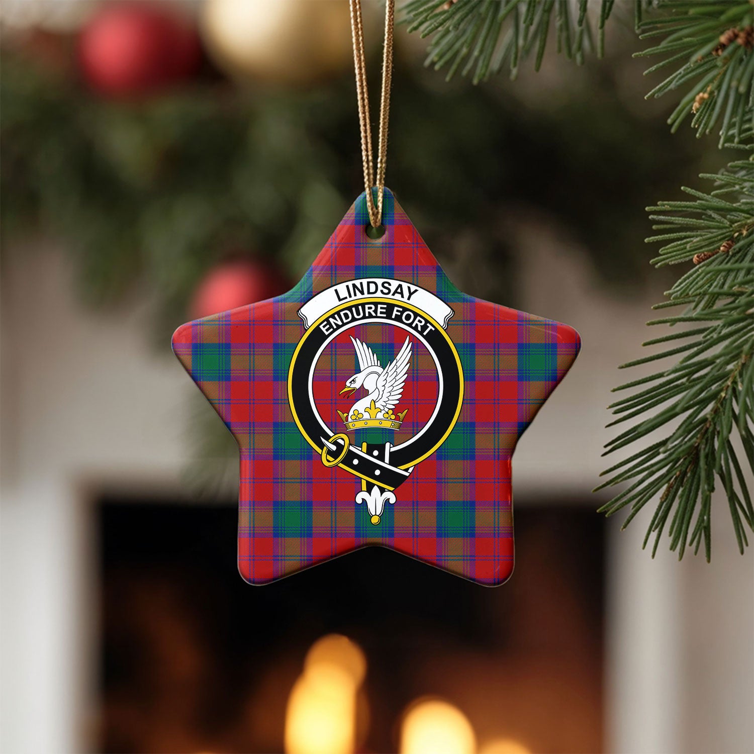Lindsay Modern Tartan Crest Christmas Ceramic Ornament