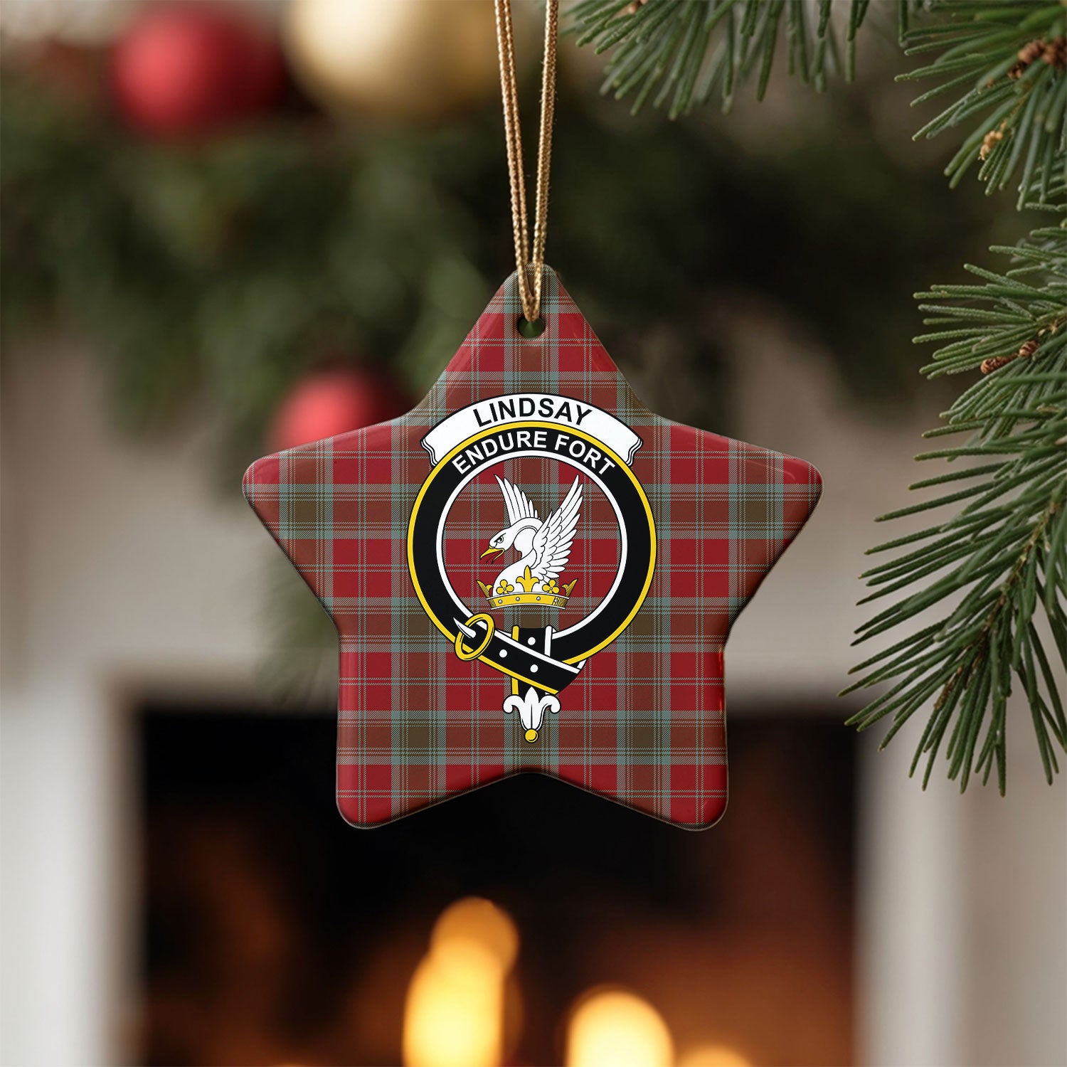 Lindsay Weathered Tartan Crest Christmas Ceramic Ornament