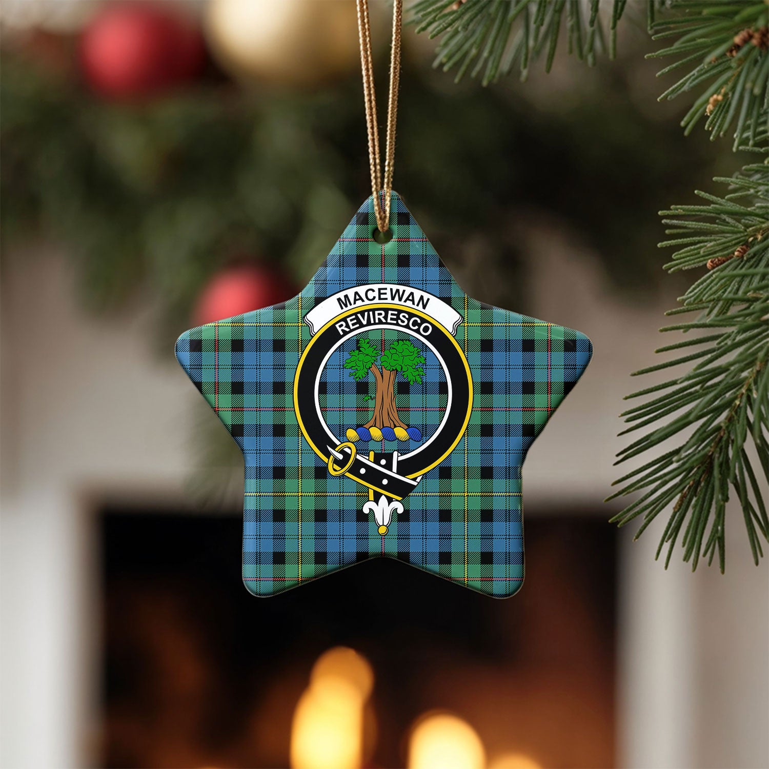 MacEwan Ancient Tartan Crest Christmas Ceramic Ornament