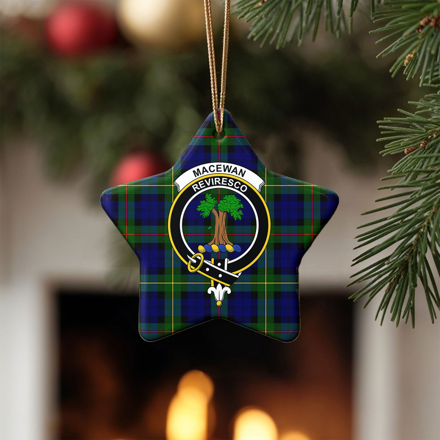 MacEwan Modern Tartan Crest Christmas Ceramic Ornament