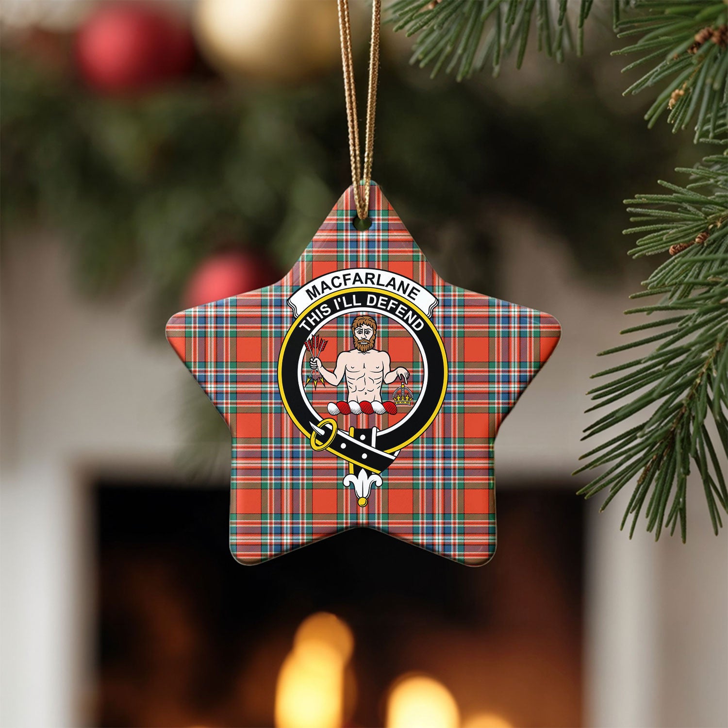MacFarlane Ancient Tartan Crest Christmas Ceramic Ornament