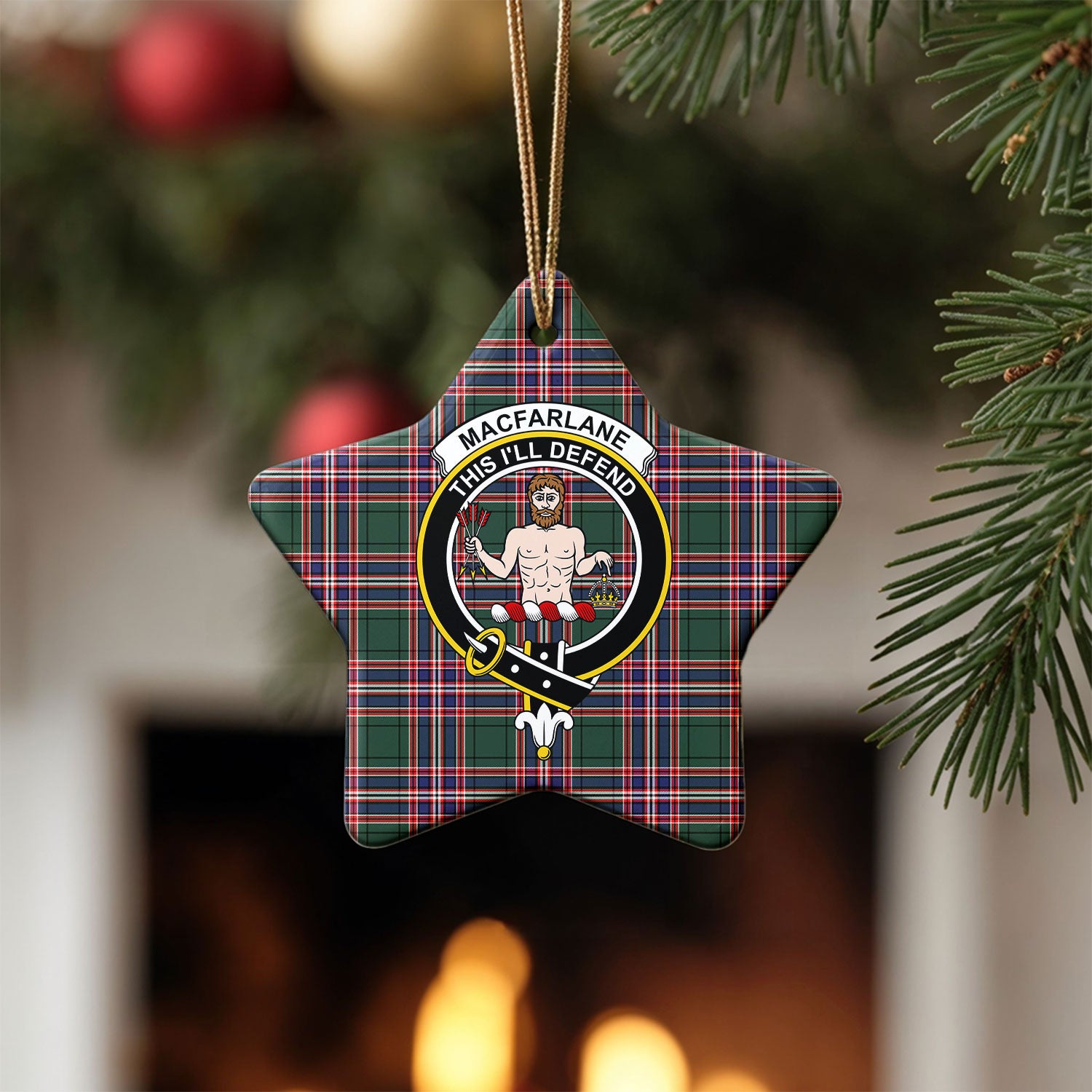 MacFarlane Hunting Modern Tartan Crest Christmas Ceramic Ornament