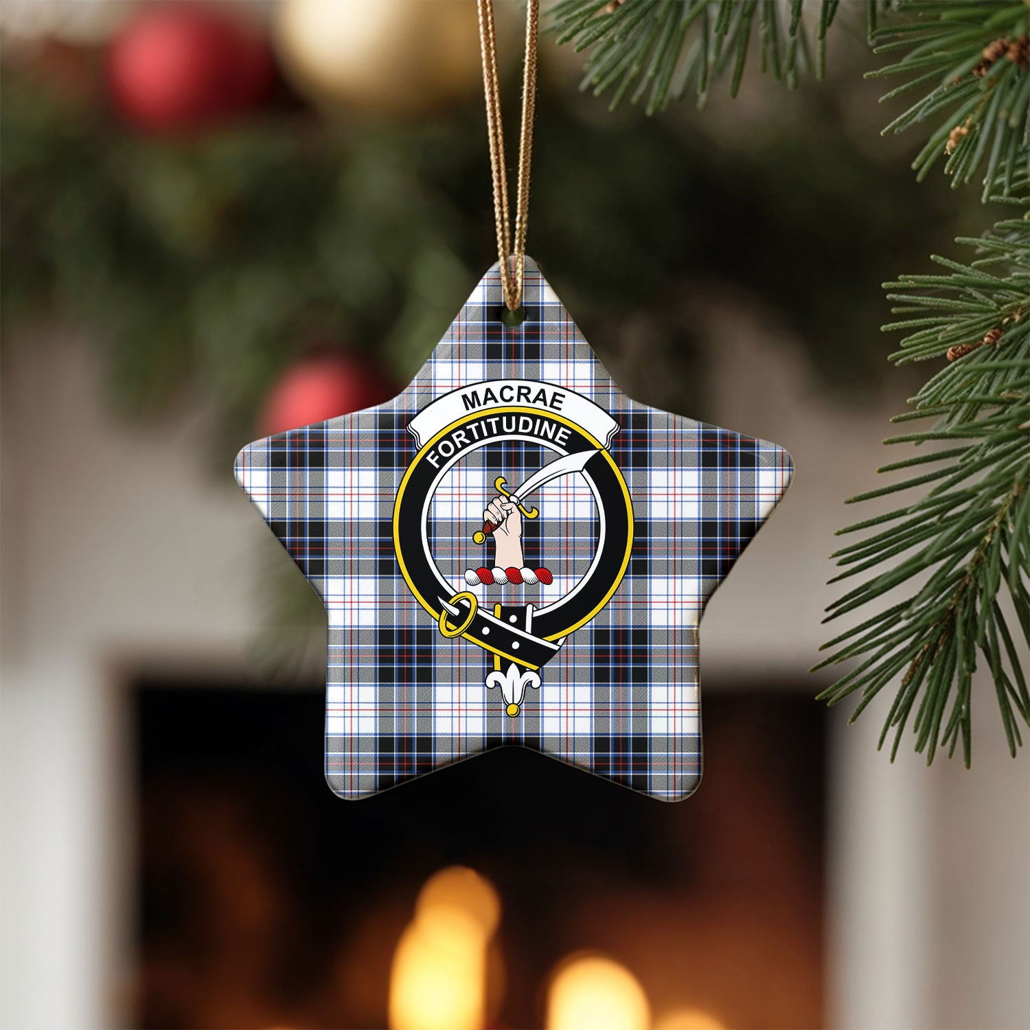 MacRae Dress Modern Tartan Crest Christmas Ceramic Ornament