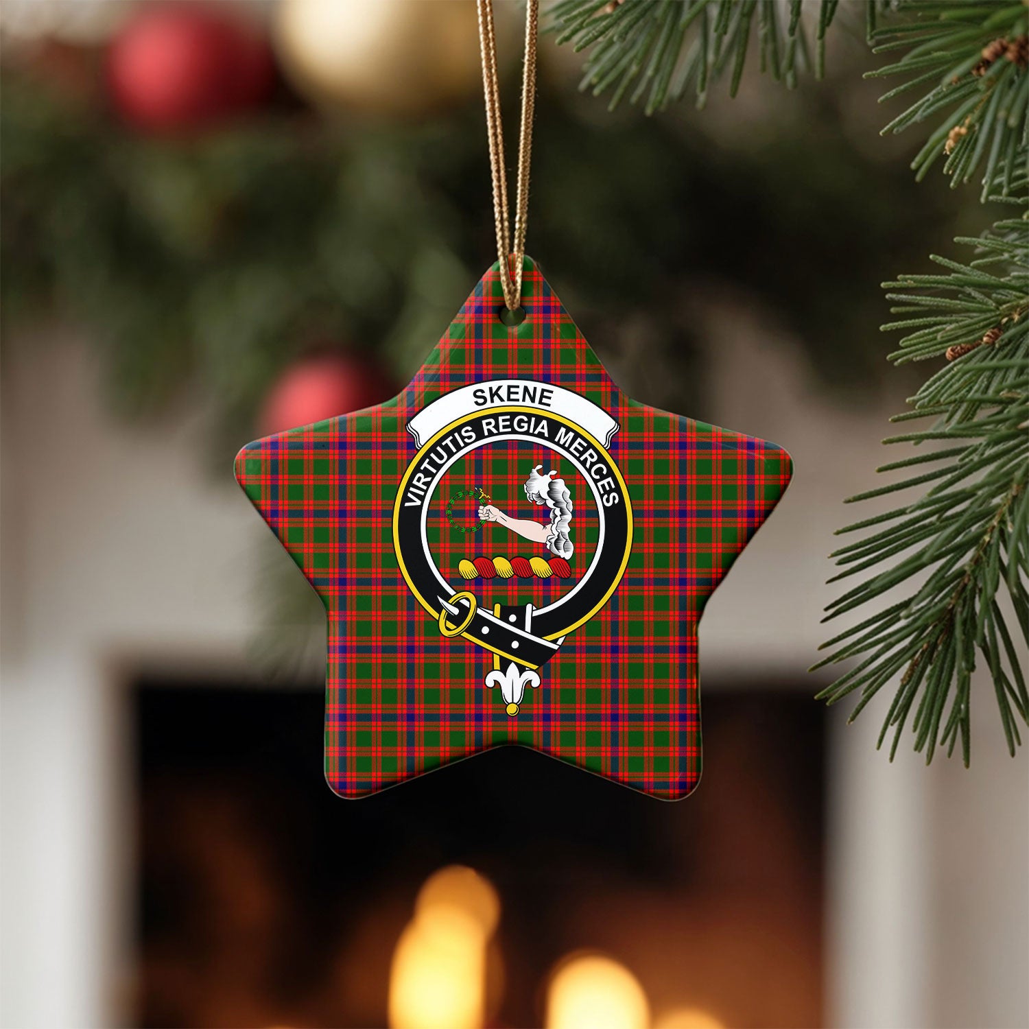 Skene Modern Tartan Crest Christmas Ceramic Ornament