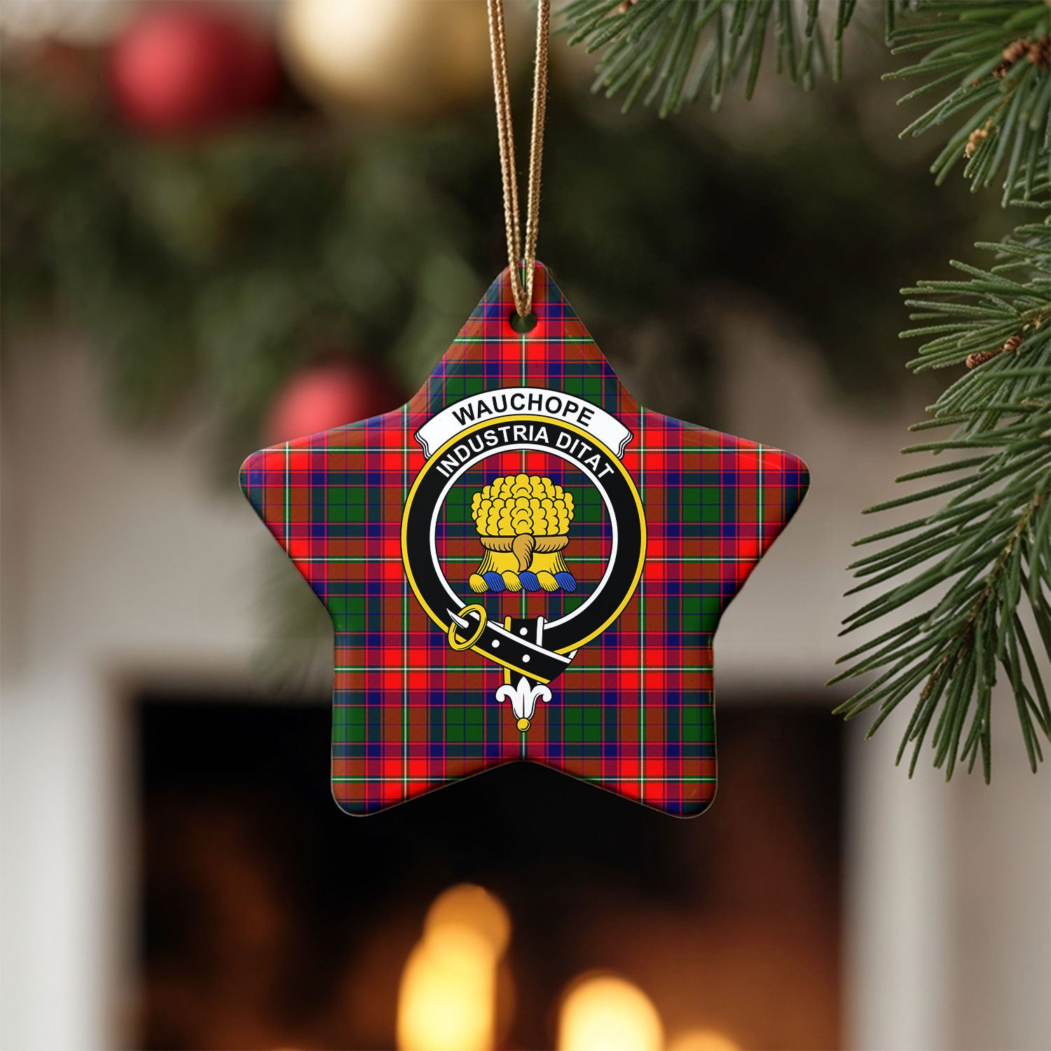 Wauchope (or Waugh) Tartan Crest Christmas Ceramic Ornament