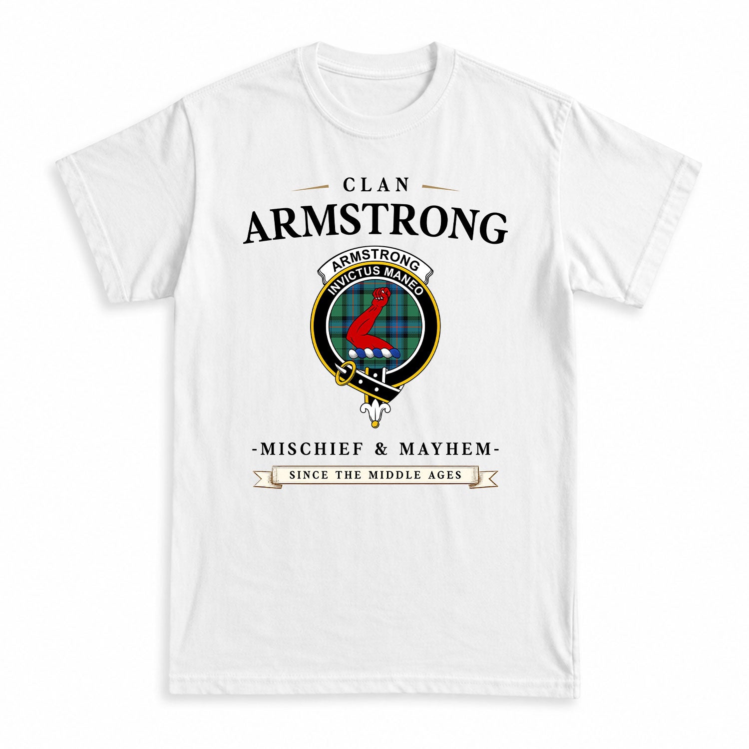 Armstrong Ancient Tartan Crest Mischief and Mayhem T-shirt