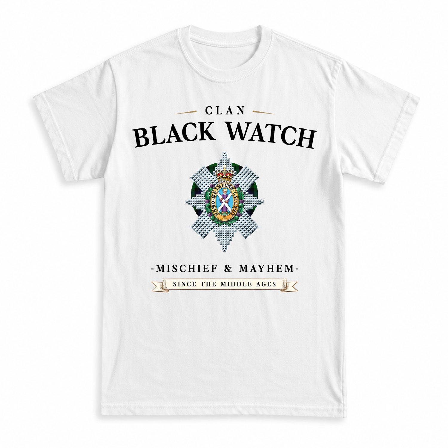 Black Watch Tartan Crest Mischief and Mayhem T-shirt