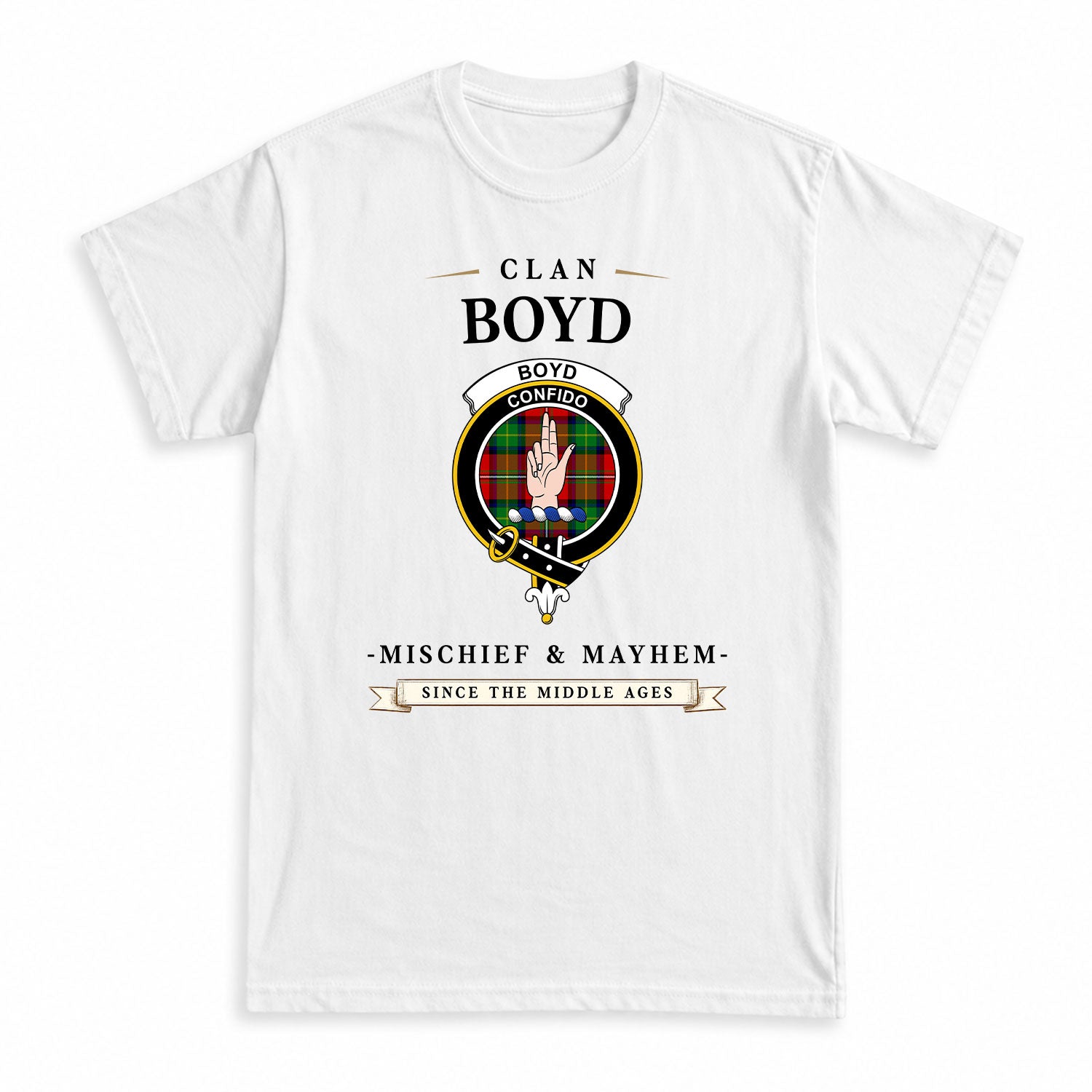 Boyd Modern Tartan Crest Mischief and Mayhem T-shirt