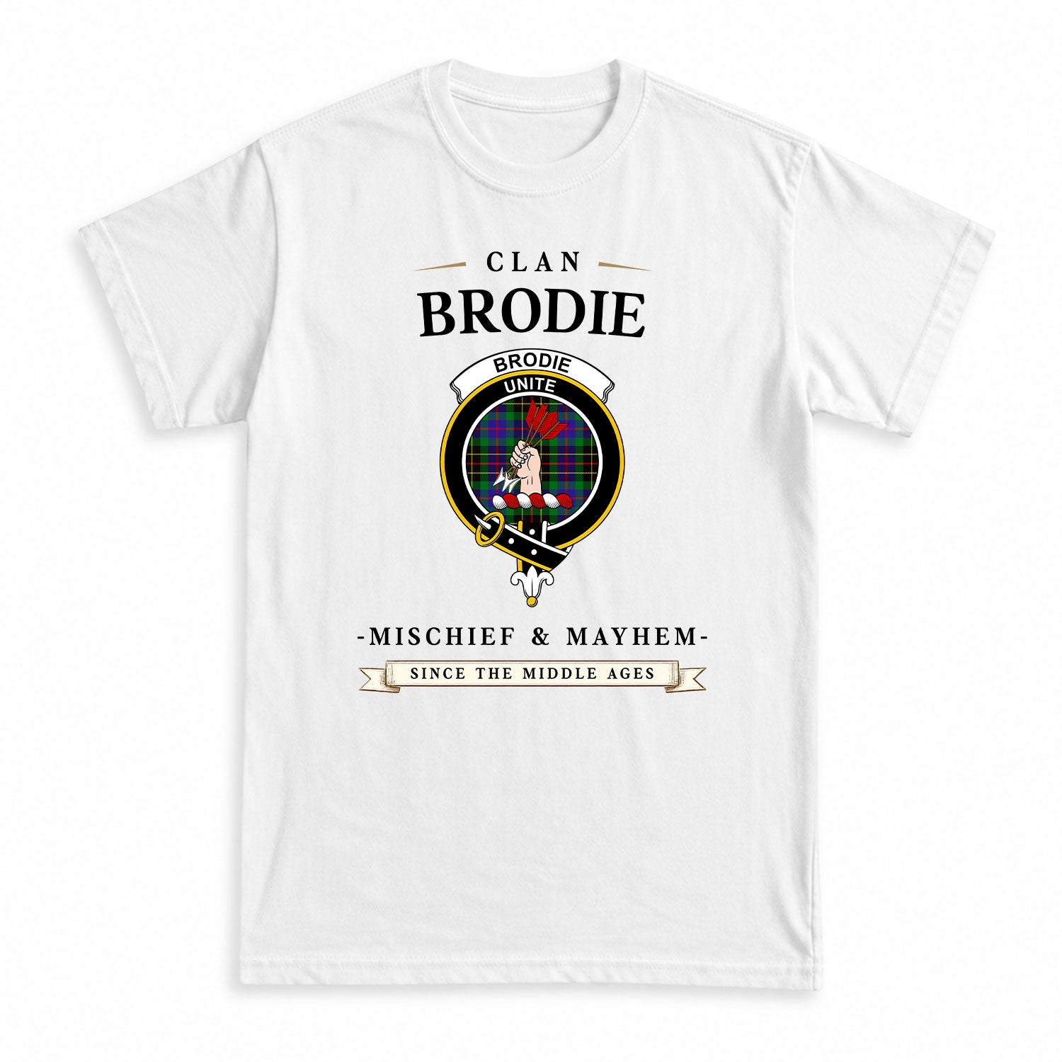 Brodie Hunting Modern Tartan Crest Mischief and Mayhem T-shirt
