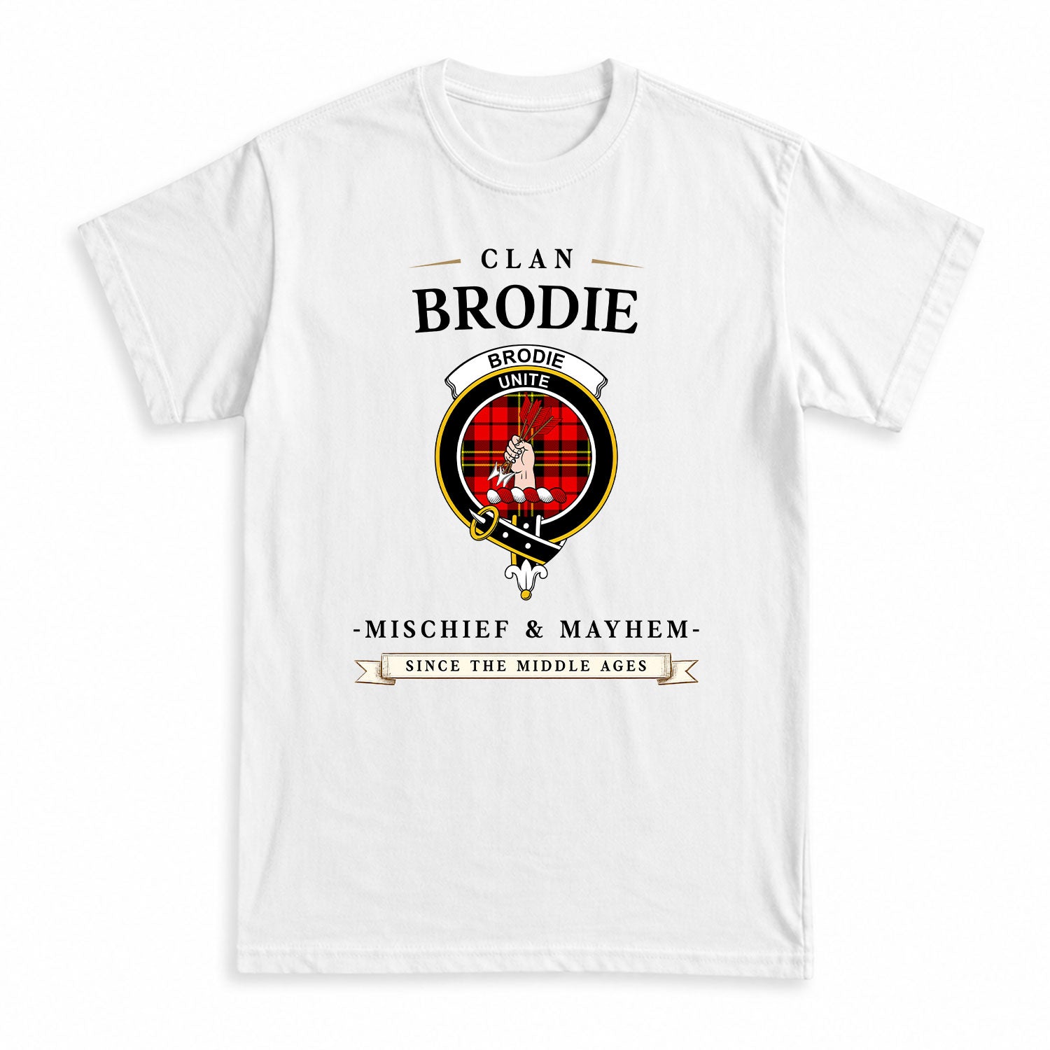 Brodie Modern Tartan Crest Mischief and Mayhem T-shirt