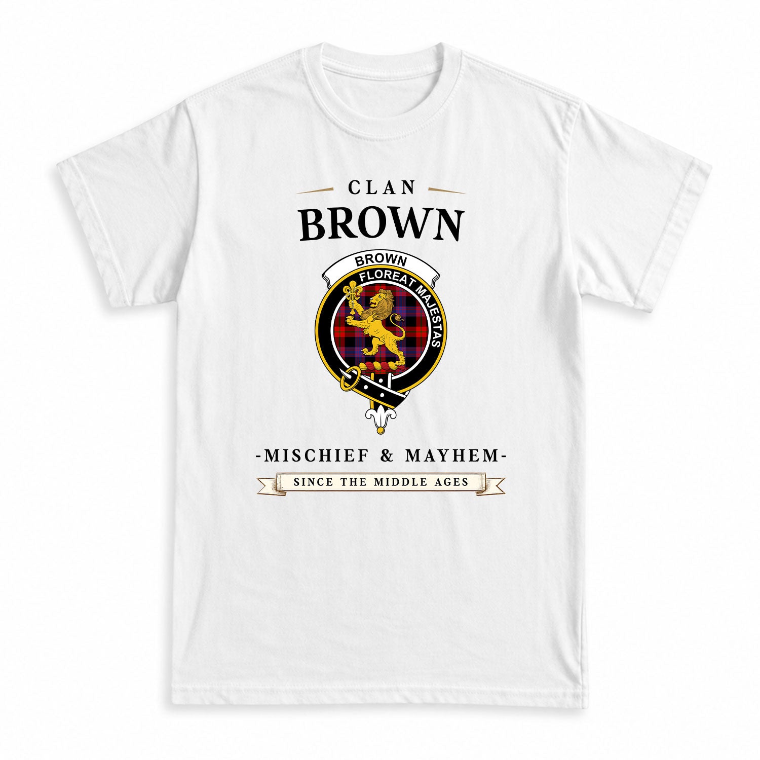 Brown Modern Tartan Crest Mischief and Mayhem T-shirt