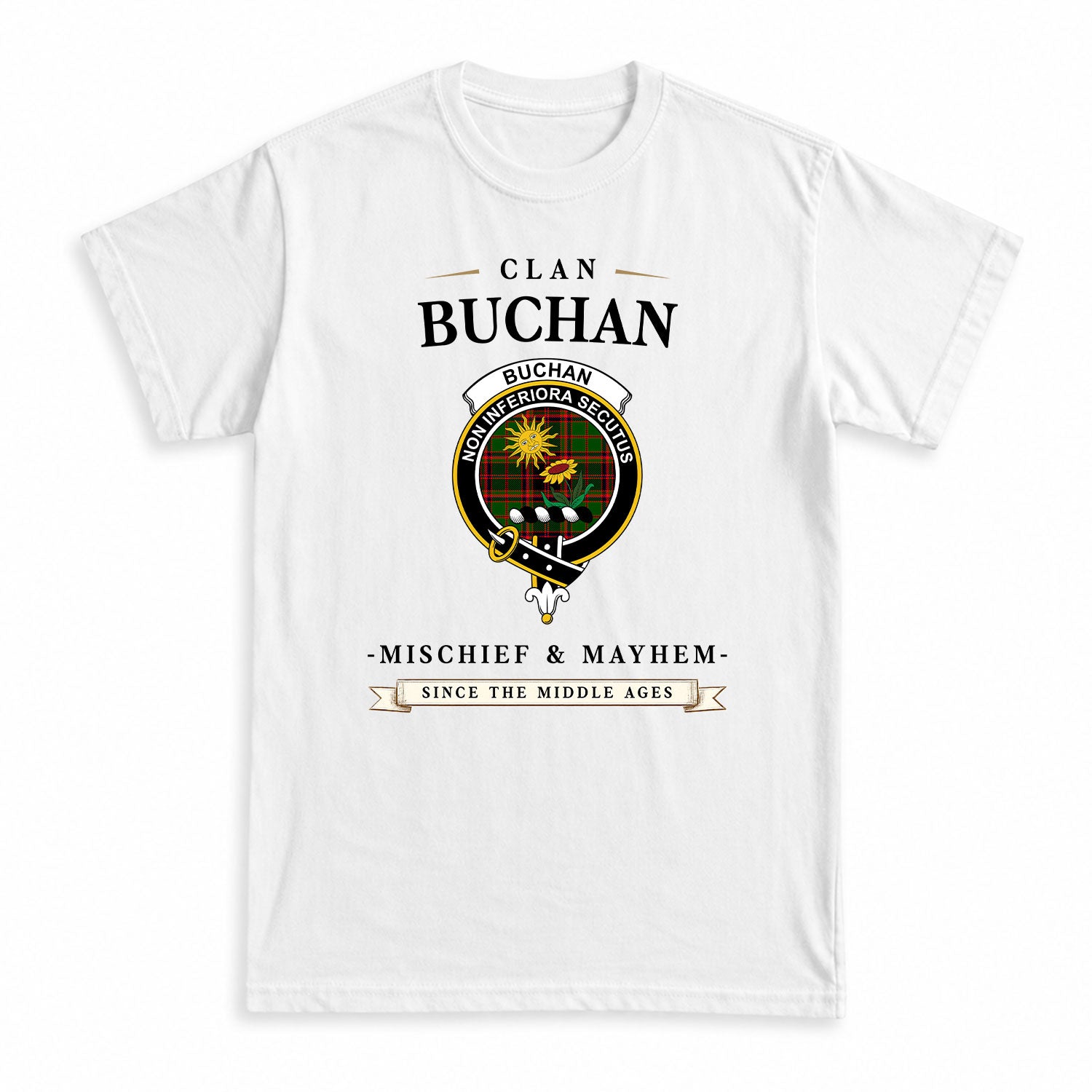Buchan Modern Tartan Crest Mischief and Mayhem T-shirt