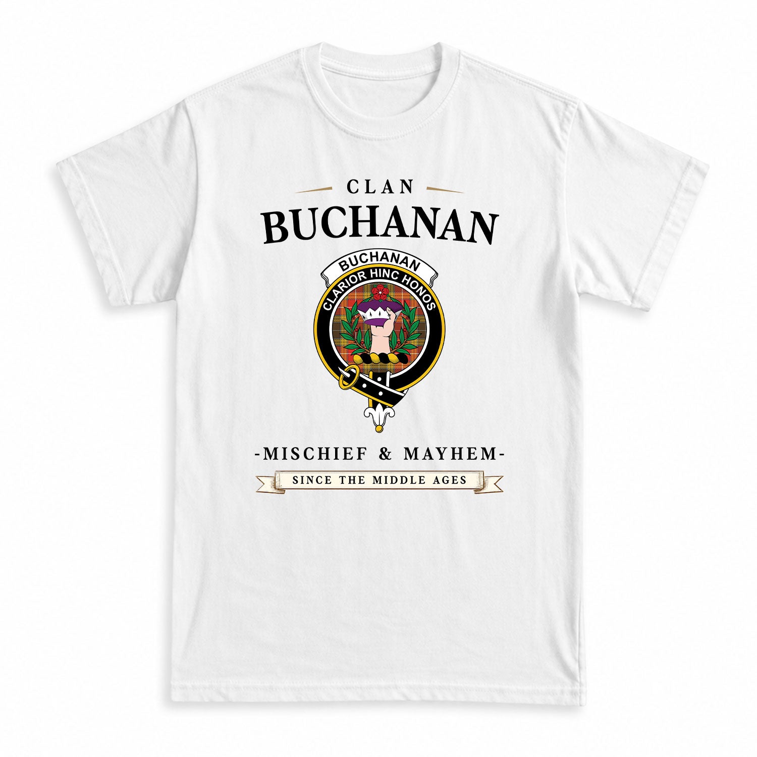 Buchanan Old Set Weathered Tartan Crest Mischief and Mayhem T-shirt