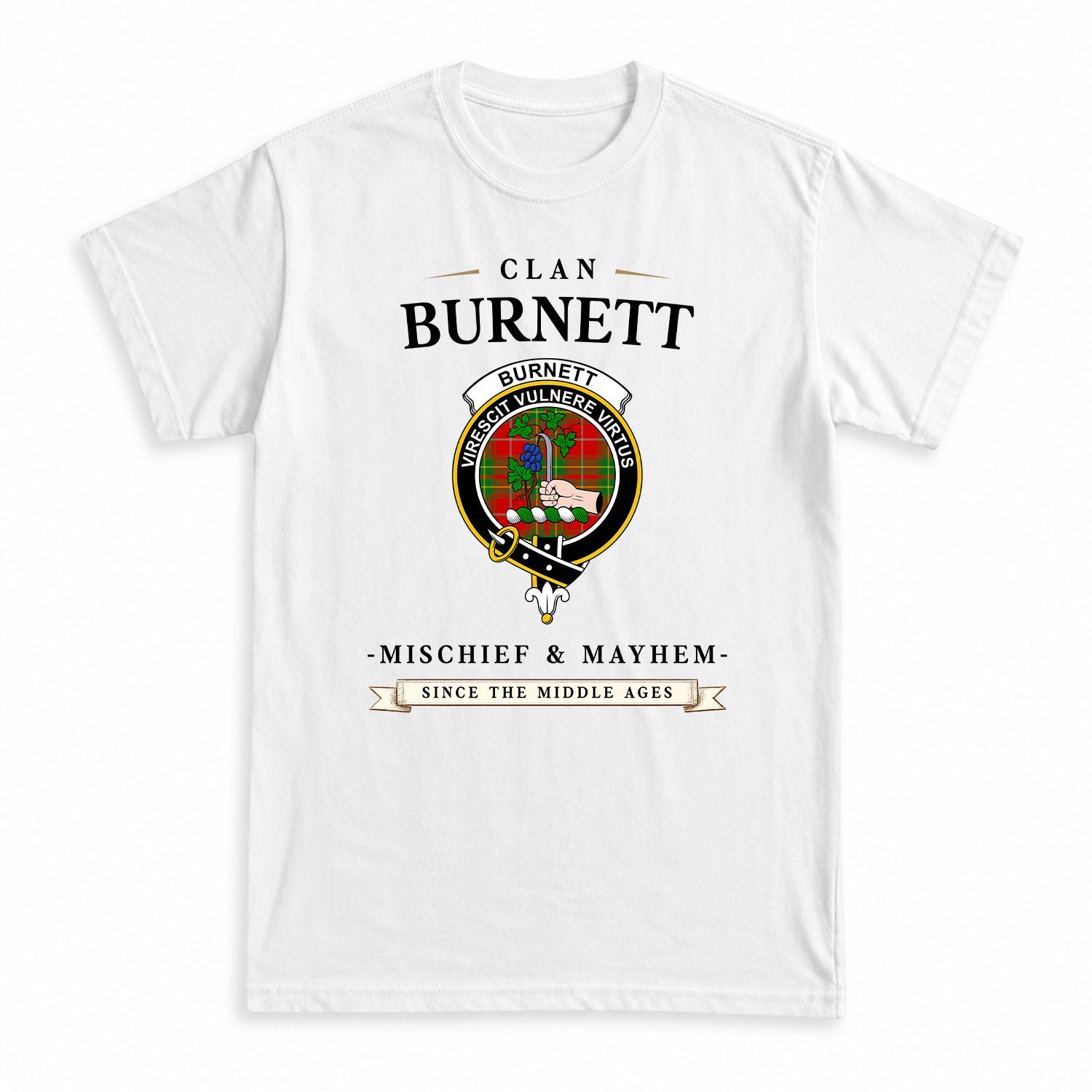 Burnett Ancient Tartan Crest Mischief and Mayhem T-shirt