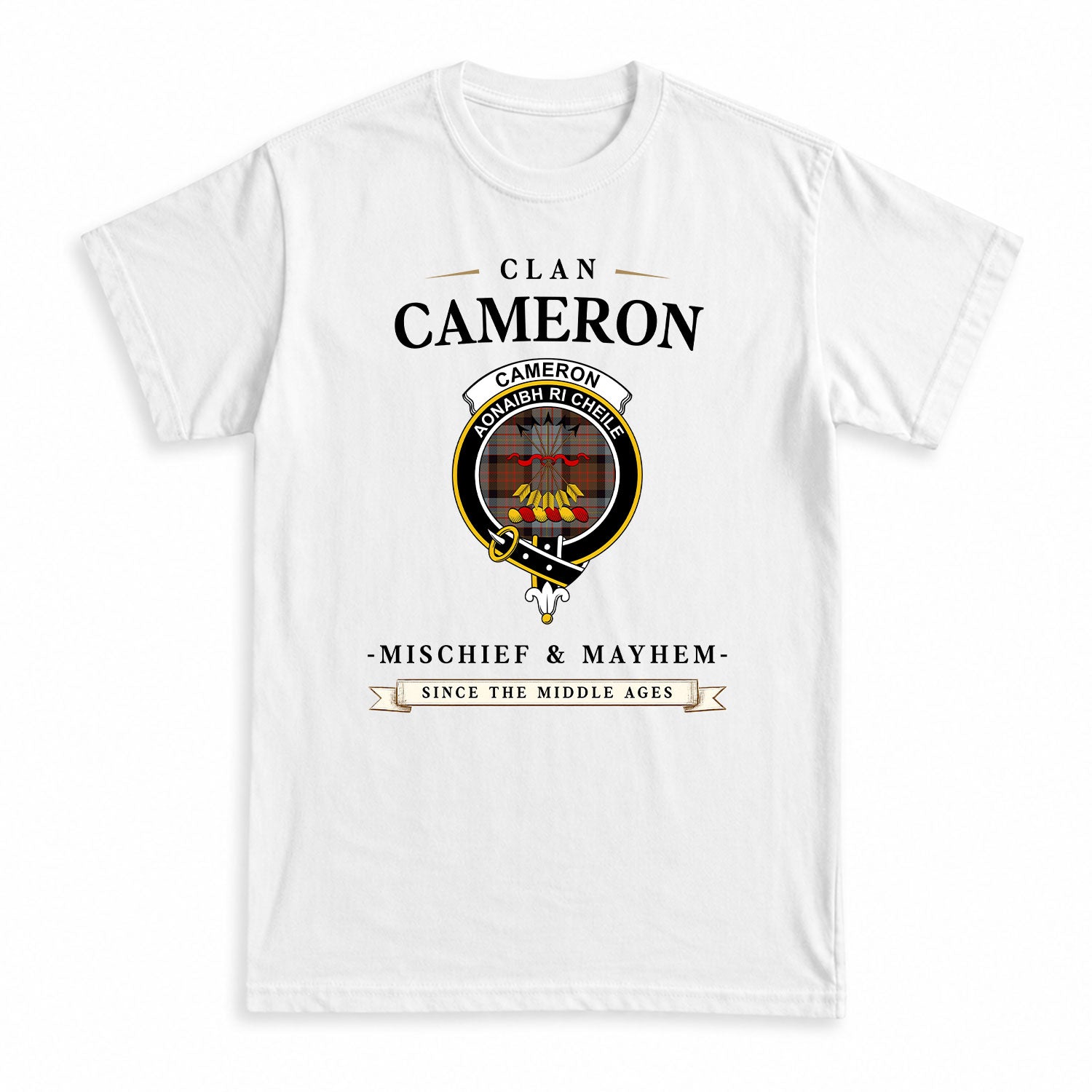 Cameron of Erracht Weathered Tartan Crest Mischief and Mayhem T-shirt