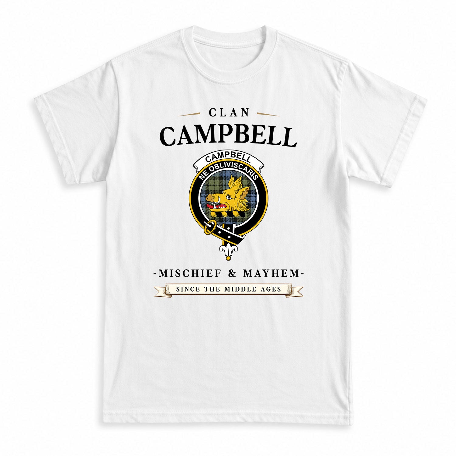 Campbell Faded Tartan Crest Mischief and Mayhem T-shirt