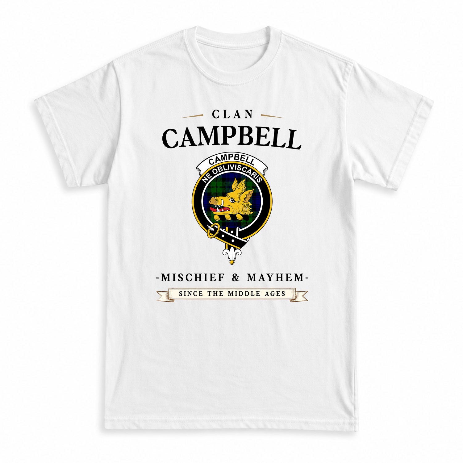 Campbell Modern Tartan Crest Mischief and Mayhem T-shirt