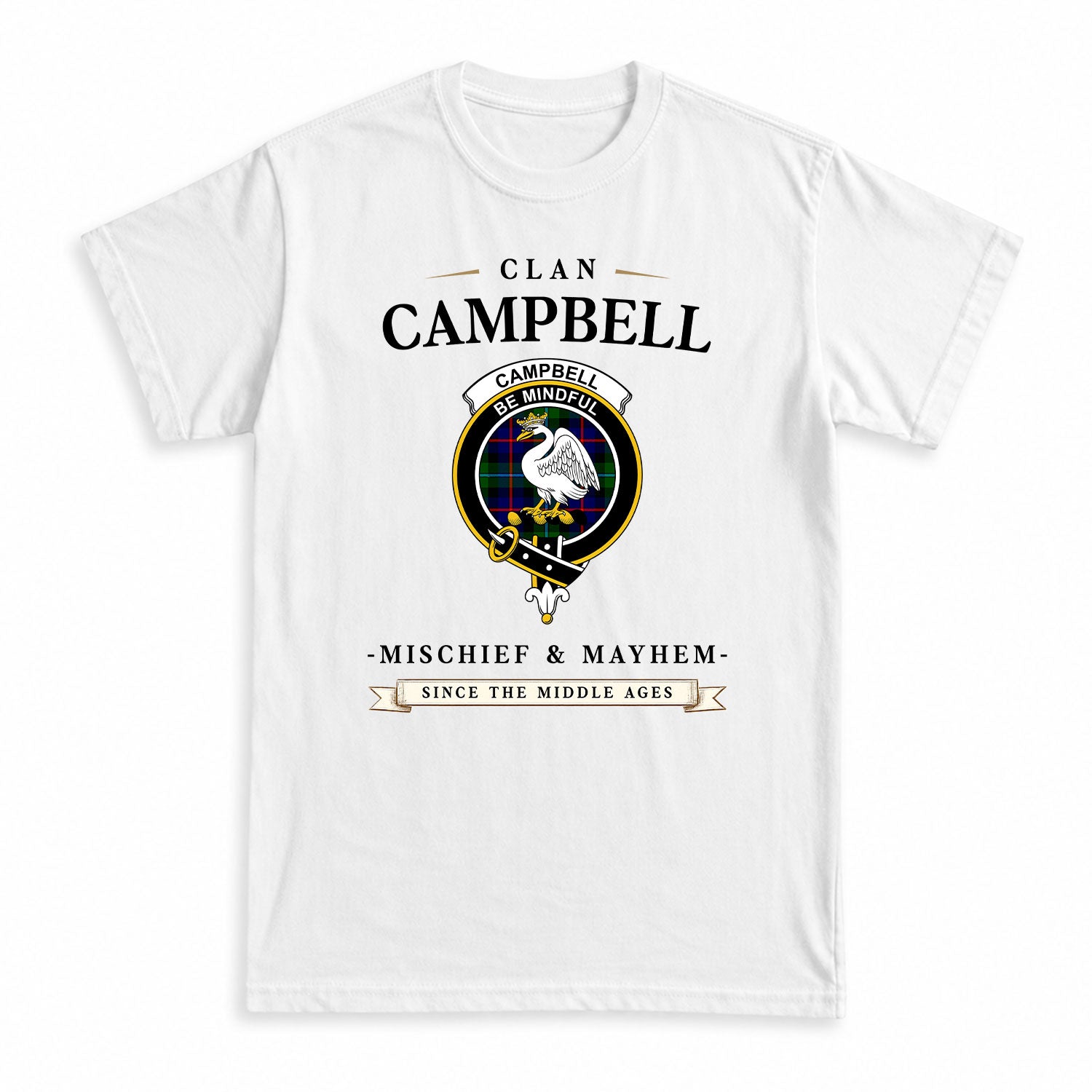Campbell of Cawdor Modern Tartan Crest Mischief and Mayhem T-shirt