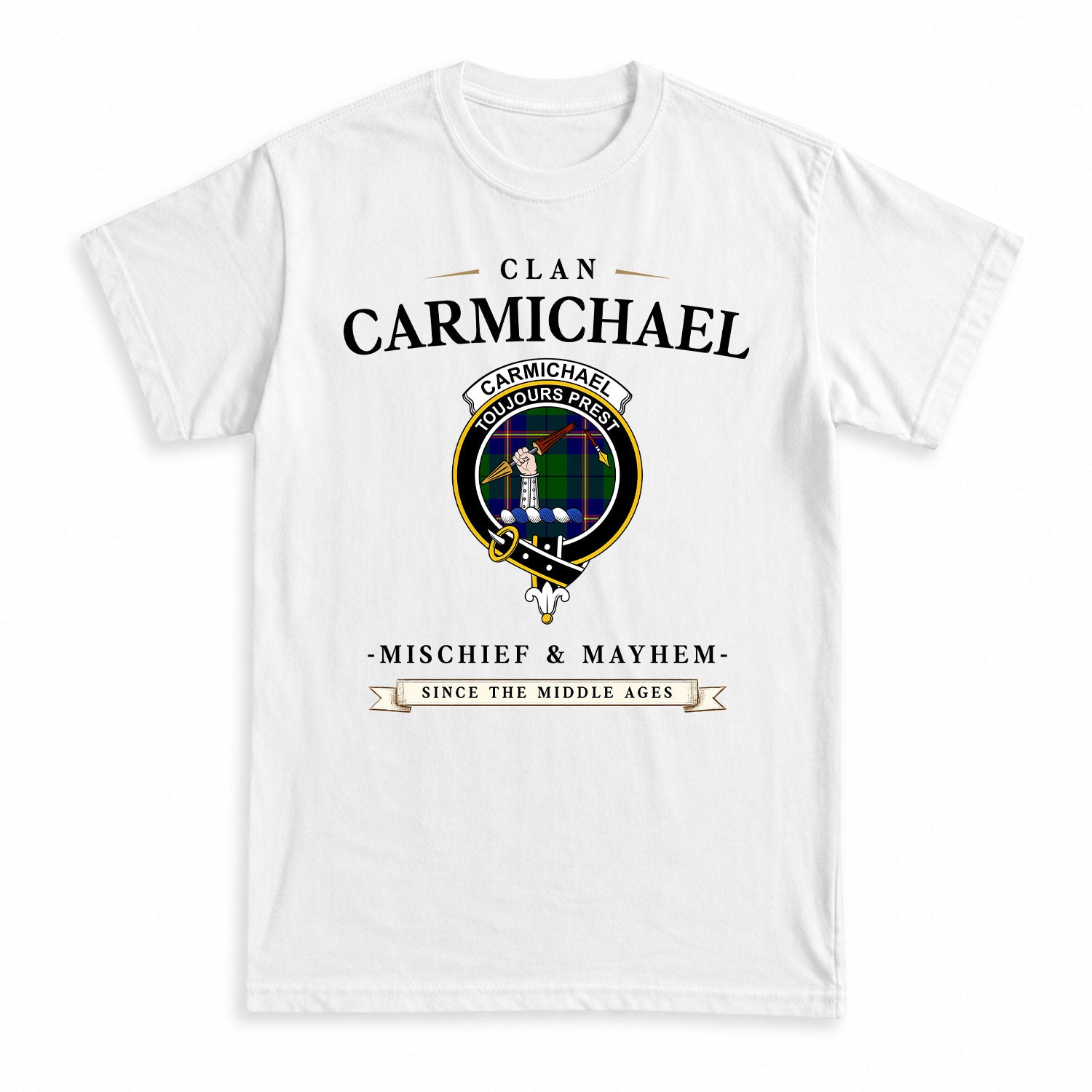 Carmichael Modern Tartan Crest Mischief and Mayhem T-shirt